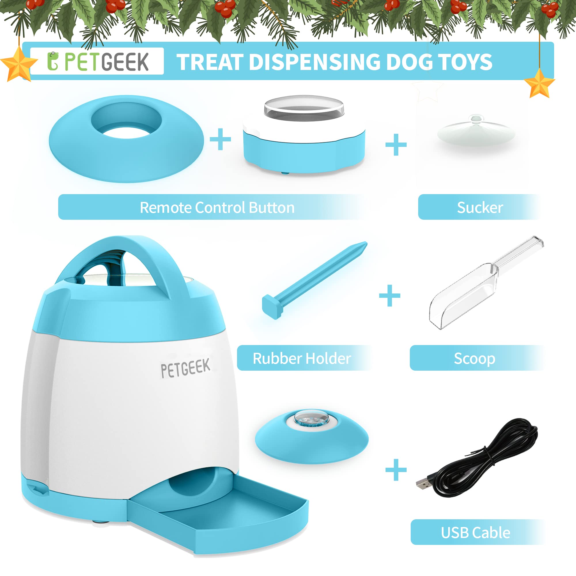 PETGEEK Automatic Dog Treat Dispenser with Button - Remote Control Interactive Dog Toy with Dual Power Supply for Training & Play | Indoor & Outdoor Puzzle Toy for Small Medium Large Dogs (Blue)