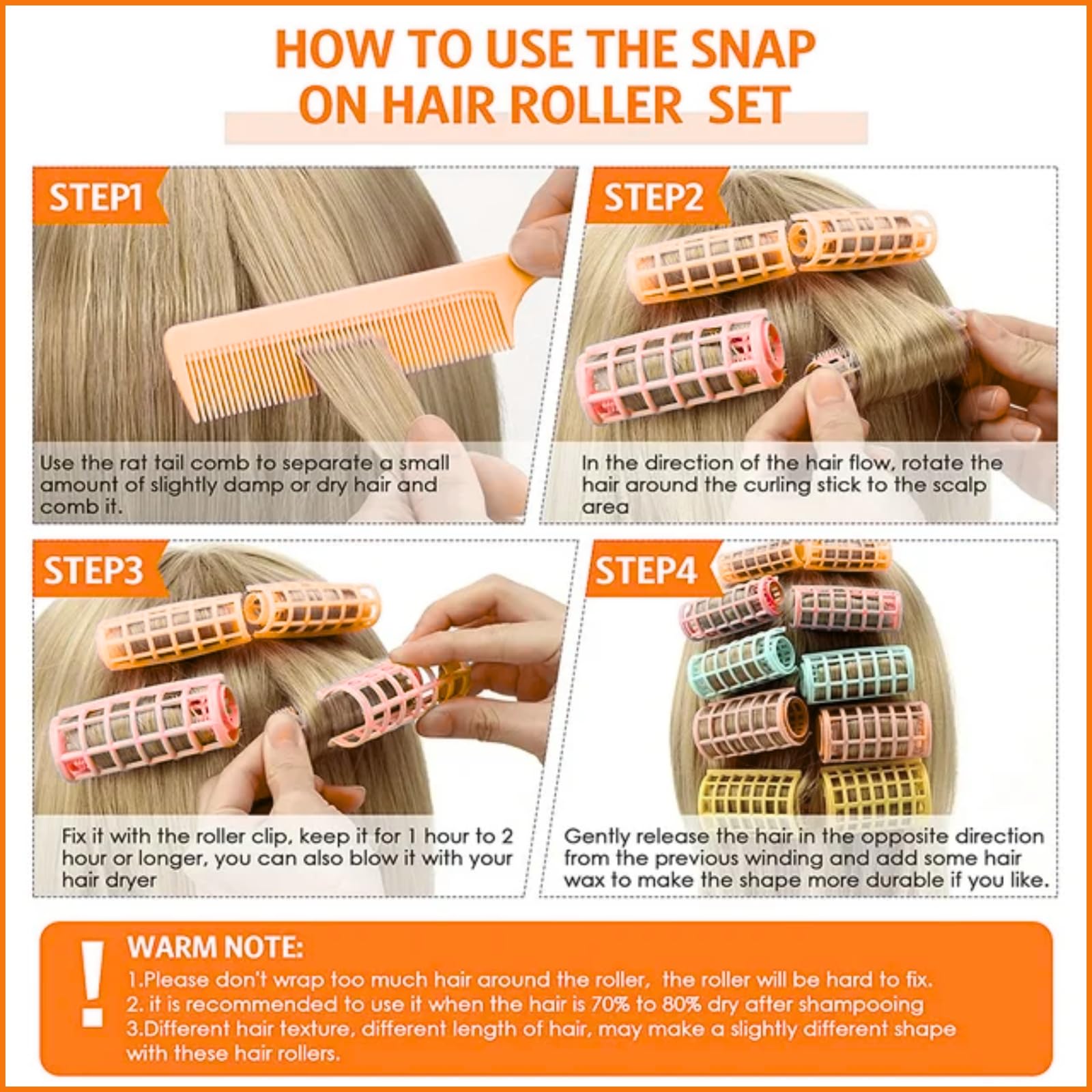 Professional Magnetic Snap-On Hair Rollers for Women & Girls - 6-Piece Orange Plastic Hair Curlers for Styling & Volumizing - Perfect for Home, Salon & Party Hairstyles