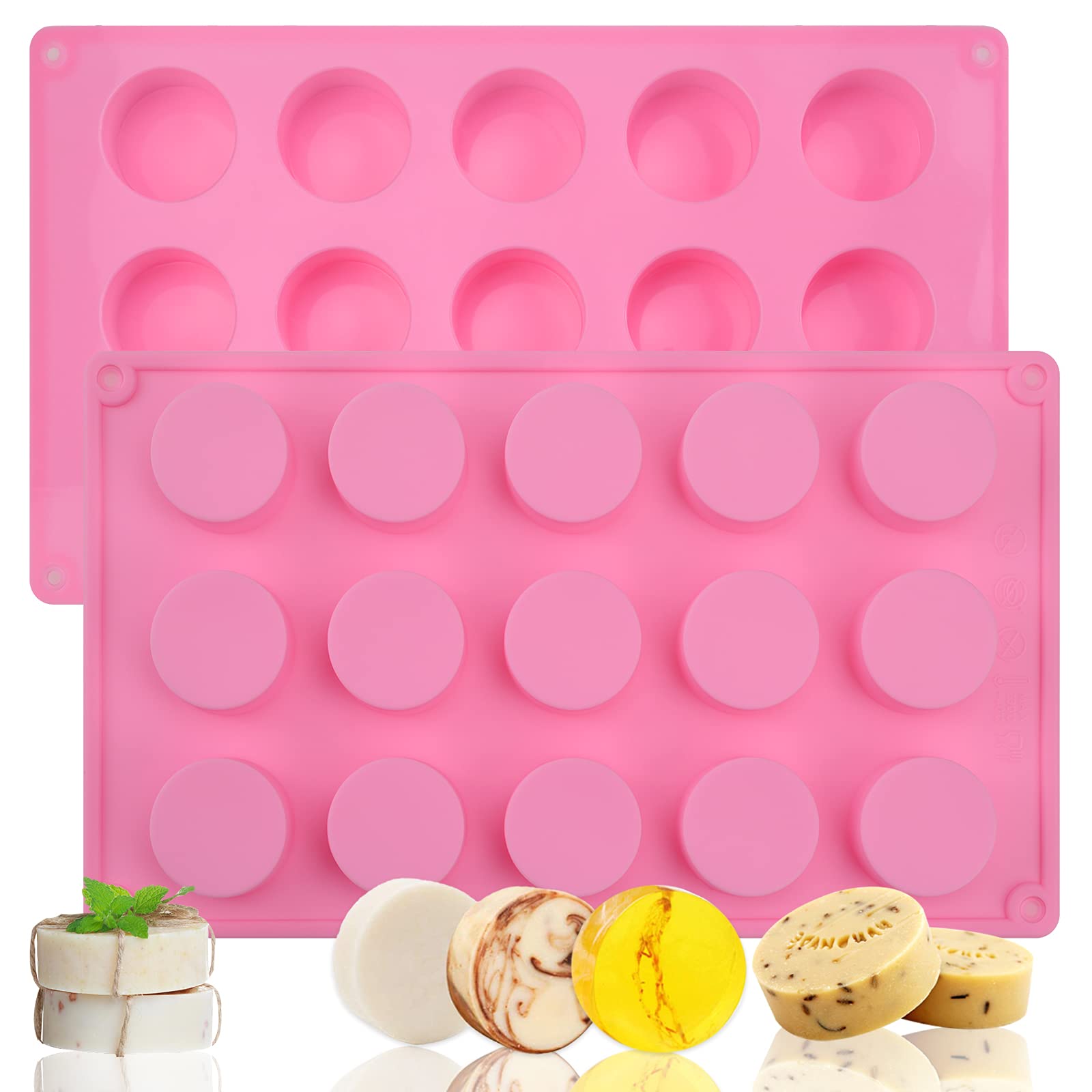 Sakolla 2 Pack Round Silicone Soap Molds - 15 Cavity Cylinder Molds for Handmade Soap, Lotion Bars, Bath Bombs, Chocolate & Cake Making - Perfect for DIY Crafts, Home Spa & Baking Projects