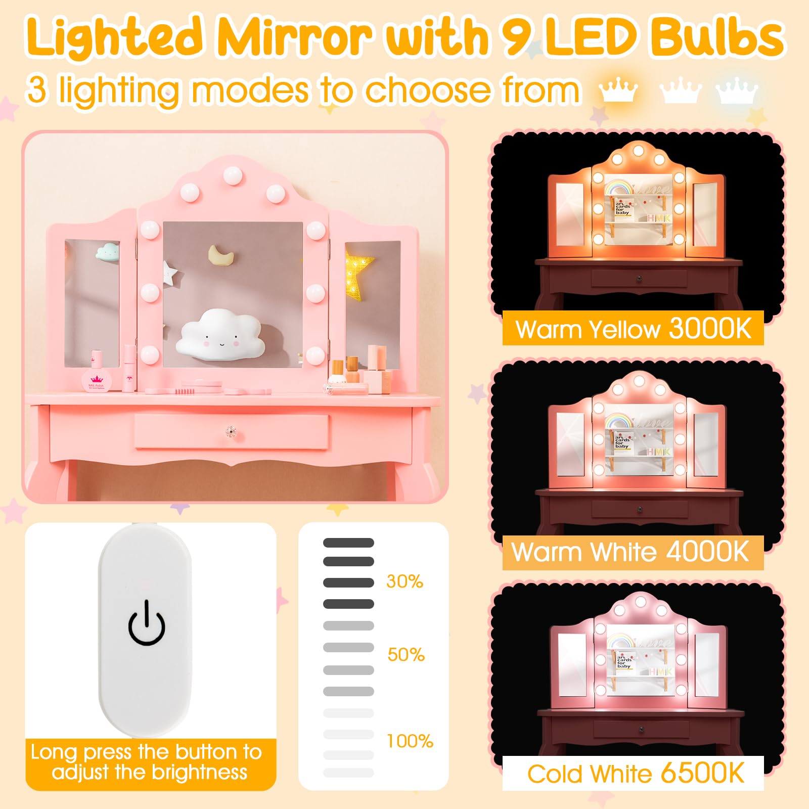 Costzon Kids Vanity Set with Mirror, Stool & Lights - Pink Wooden Princess Makeup Dressing Table with Drawer, 2-in-1 Toddler Vanity for Girls - Pretend Play, Birthday Gift & Bedroom Decor (Pink)