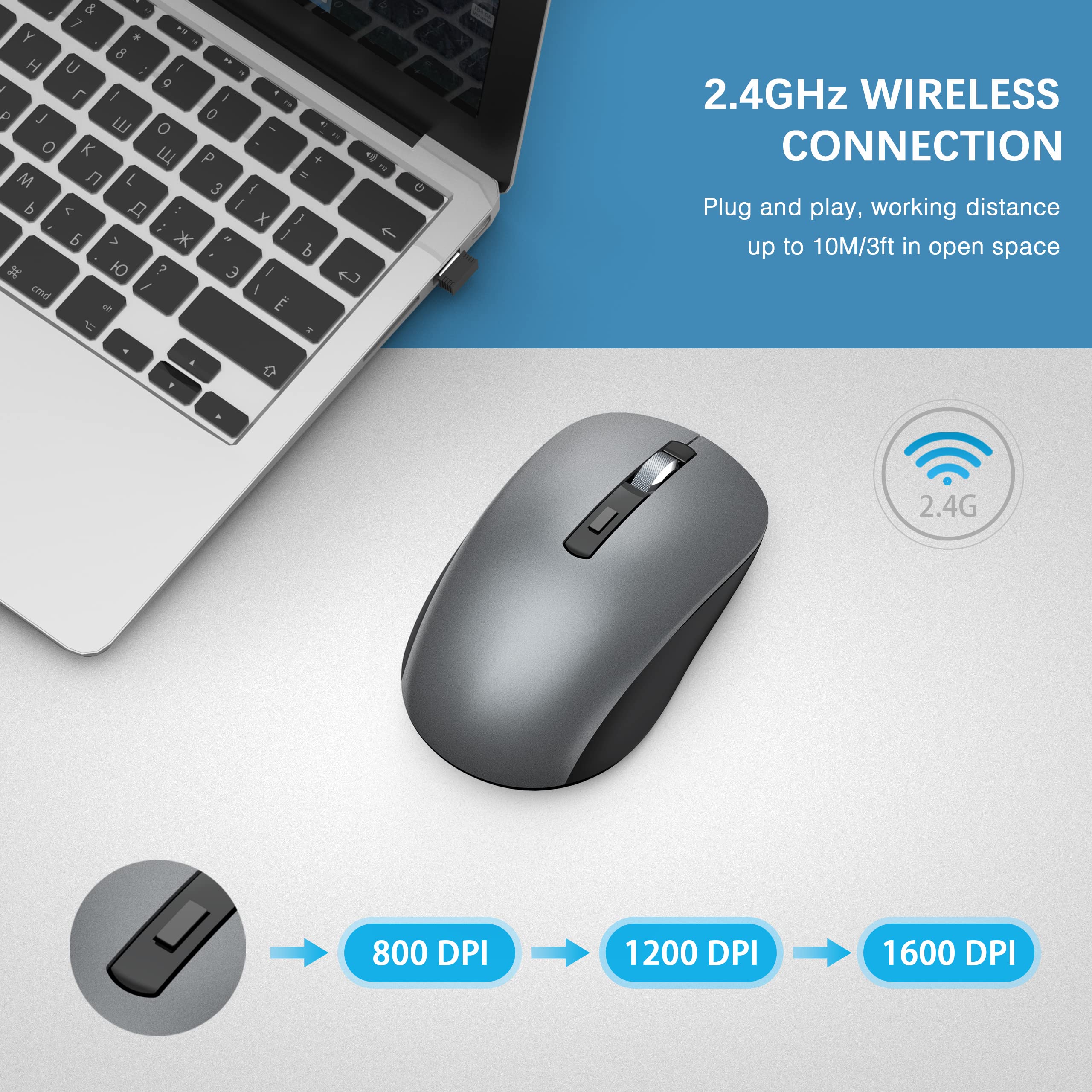 JOYACCESS J 2.4G无线蓝牙鼠标双模版(蓝牙5.0/3.0+USB)，适用于笔记本电脑、MacBook、Windows、MacOS、Android，铁灰色，办公学习游戏多场景通用