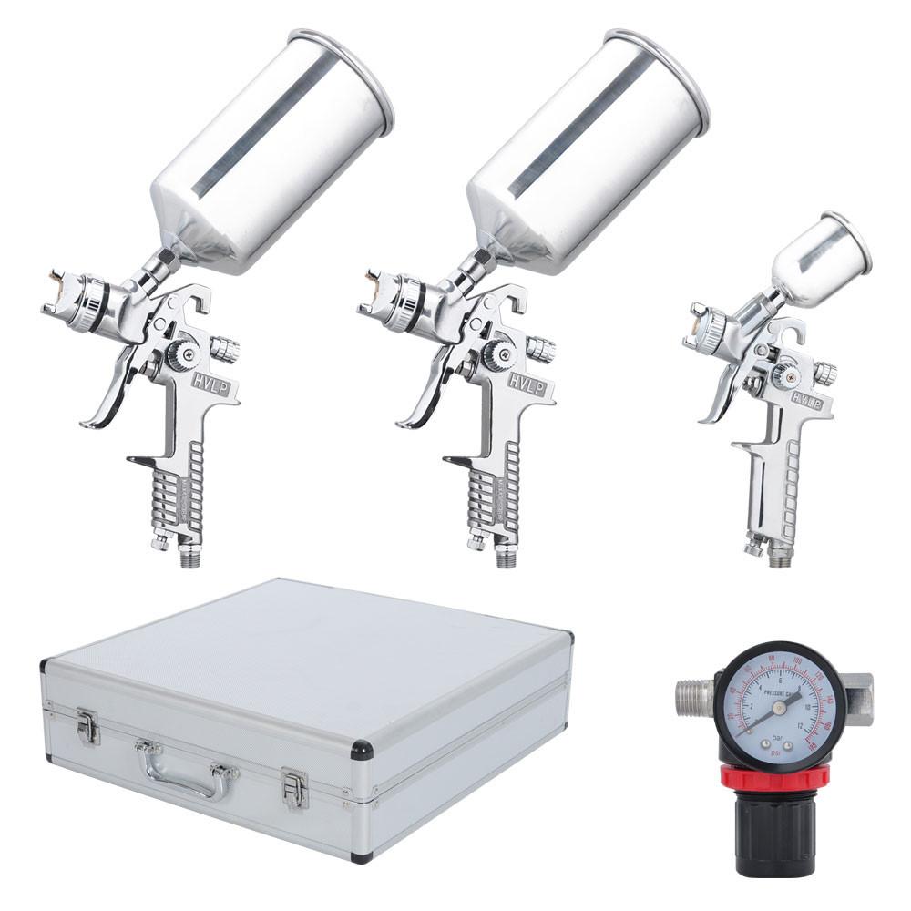 TheLAShop 3 Sprayer HVLP Spray Kit - Gravity Feed Auto Paint Gun for Cars, Furniture & DIY Projects - Professional Silver Finish Painting Tool