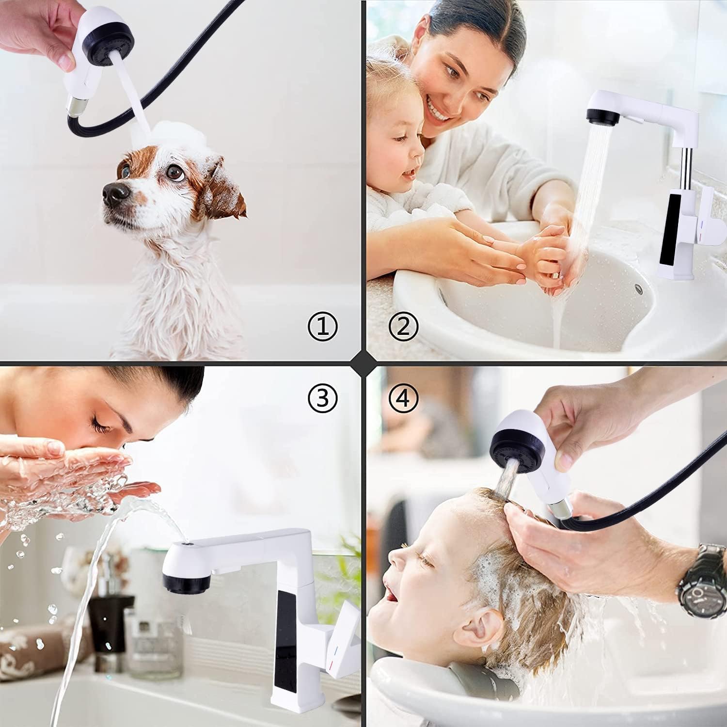 Qeemee LED Bathroom Faucet with Pull Out Sprayer - Grey Digital Temperature Display Sink Faucet with 5 Water Flow Modes, Single Handle RV Vanity Faucet for 1 or 3 Hole Installation - Perfect for Modern Bathrooms, Kitchen Sinks, and RV Living Spaces