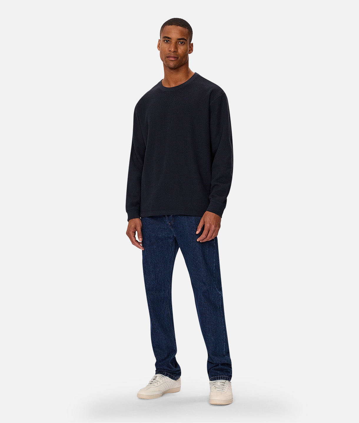 Pico Ribbed Long Sleeve T-Shirt for Women - Soft Cotton Crew Neck Top in Navy Blue - Size 24 - Perfect for Casual Wear, Layering & Everyday Outfits