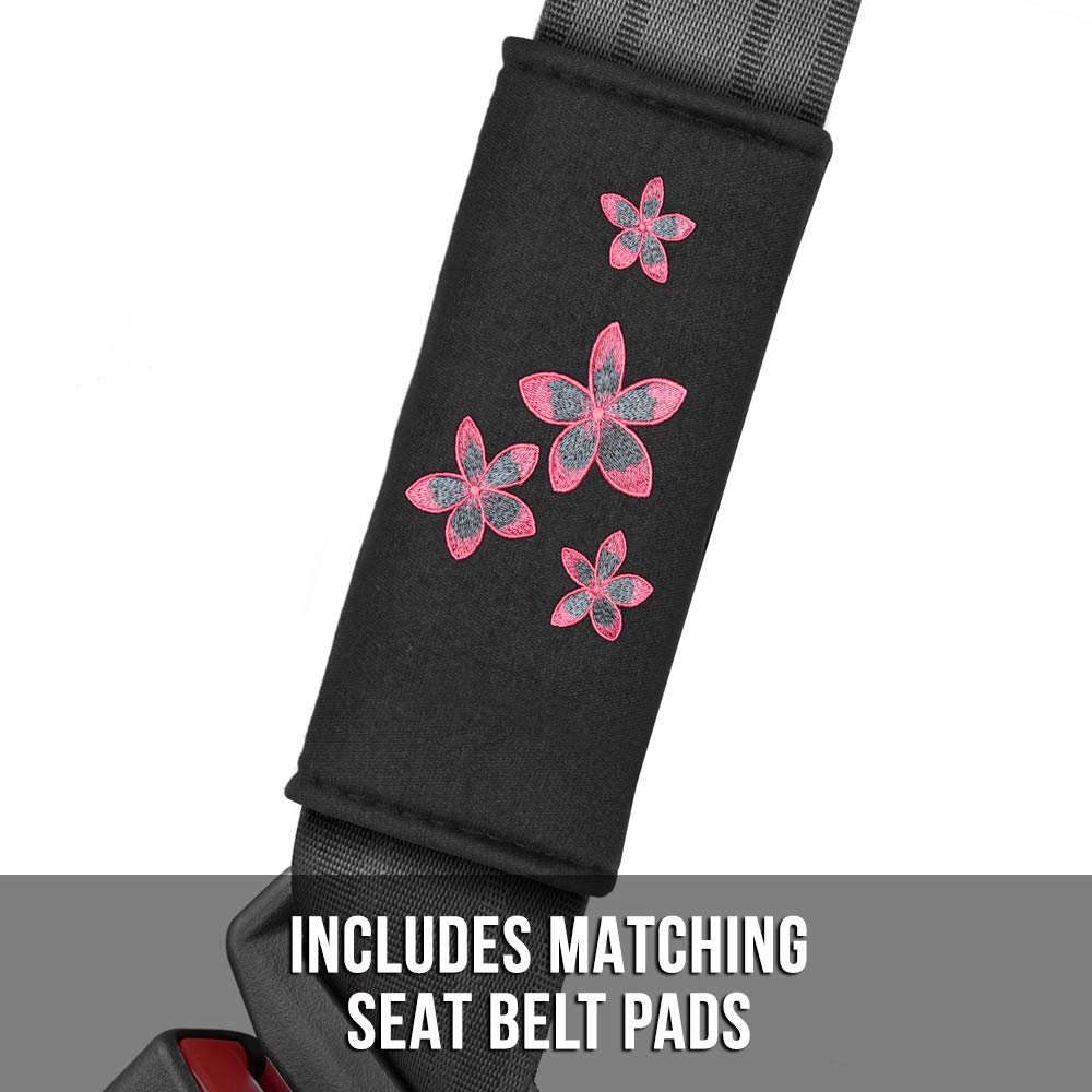 BDK Pink Floral Car Seat Covers Full Set with Steering Wheel Cover & Seat Belt Pads - Universal Fit for Cars, Trucks, Vans & SUVs | Premium Embroidered Accessories | Perfect for Daily Commute, Road Trips & Car Interior Protection