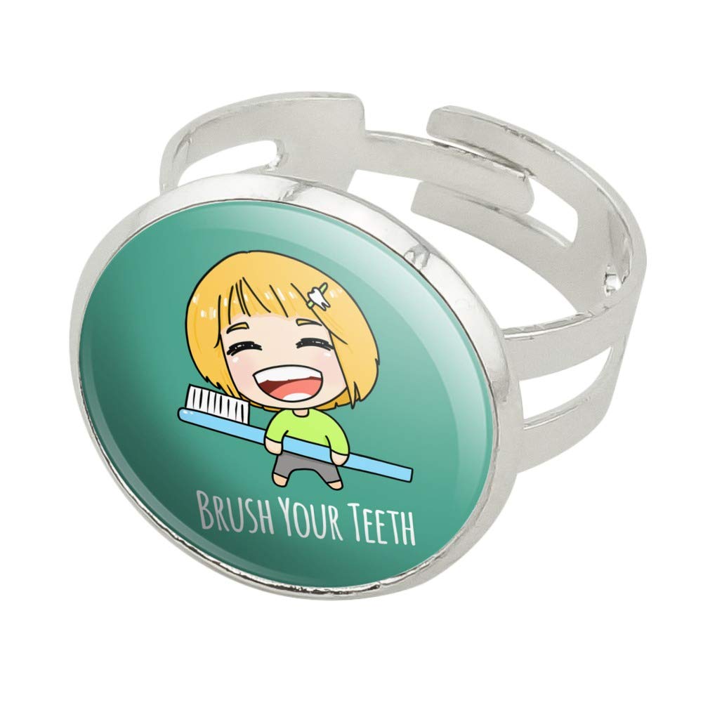 Kawaii Chibi Toothbrush Ring - Silver Plated Adjustable Novelty Jewelry for Anime Fans | Cute Brush Your Teeth Graphic Ring for Cosplay, Gifts & Everyday Wear