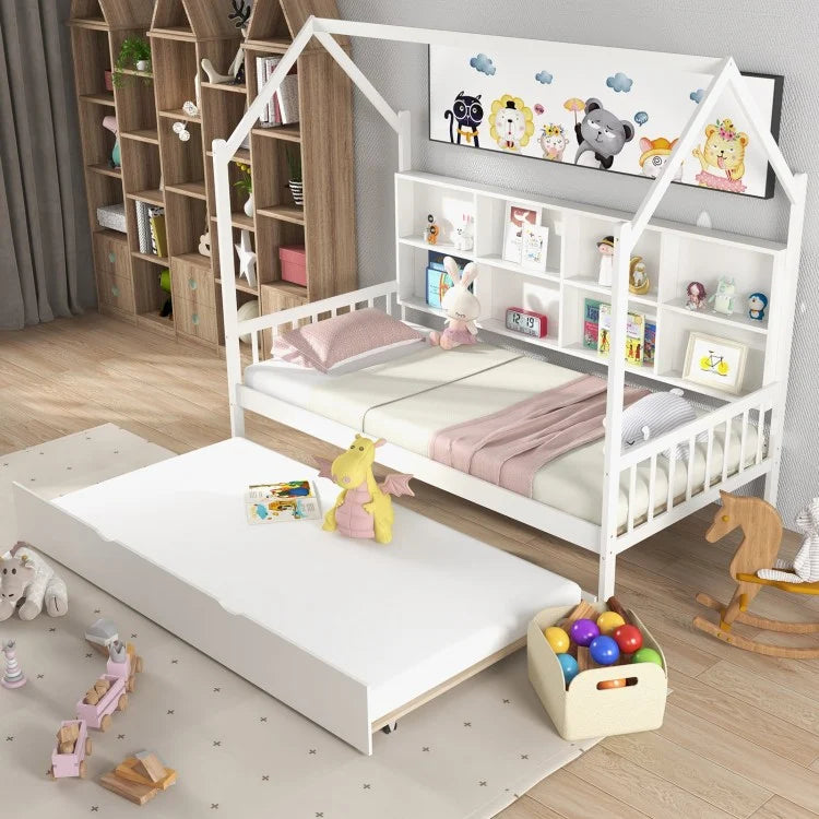 Montessori Twin Size Daybed for Kids with Roof and Storage Shelves - White - Perfect for Bedrooms, Playrooms, and Montessori Learning Spaces