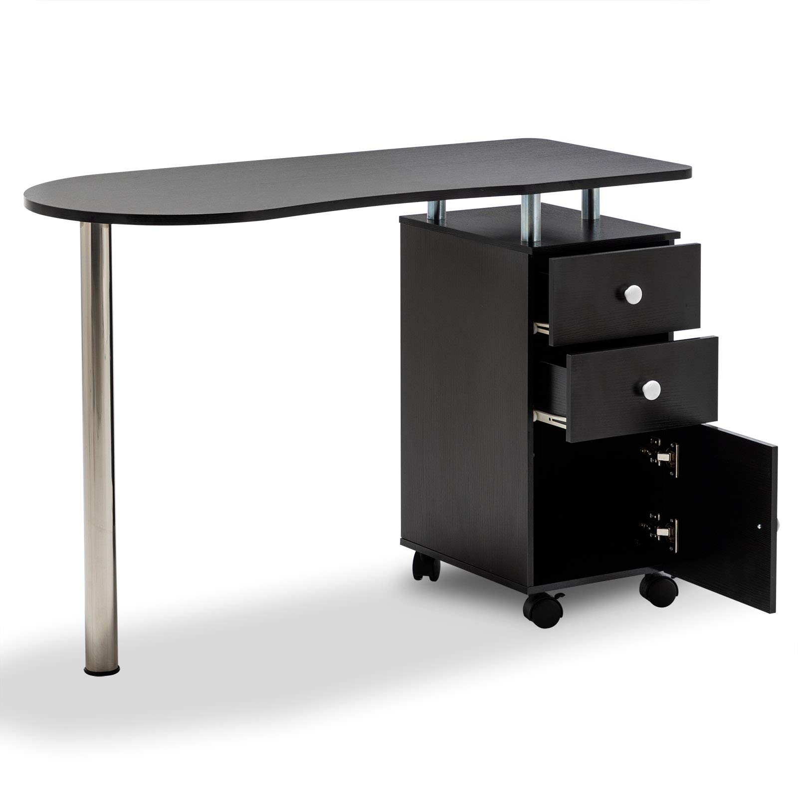 Professional Acetone-Resistant Wooden Salon Nail Table with Single Cabinet, Drawers, Adjustable Wheels & Wrist Pad - Perfect for Manicure, Pedicure & Nail Salon Services