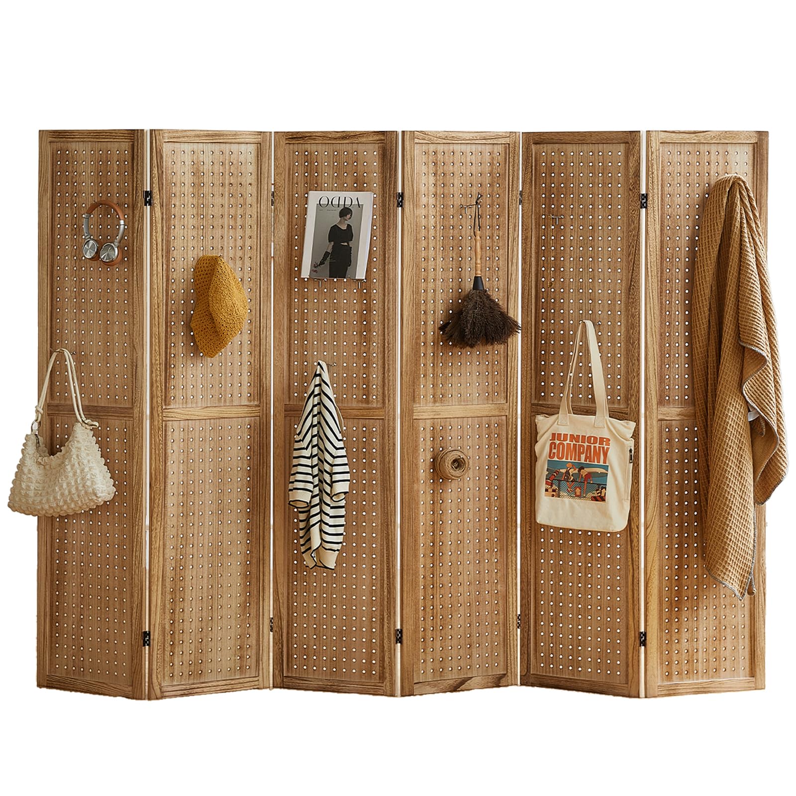 6 Panel Wooden Room Divider - 5.6Ft Folding Privacy Screen & Pegboard Display for Bedroom, Store, Jewelry | Portable Organizer with Light Brown Finish | Perfect for Home Office, Retail Displays & Room Partition