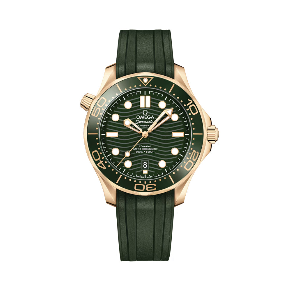 Omega Seamaster Diver 300M Co-Axial Master Chronometer 42mm Watch - Green Dial with Moonshine™ Gold Case & Rubber Strap | Luxury Dive Watch for Men, Water Resistant for Swimming & Professional Diving
