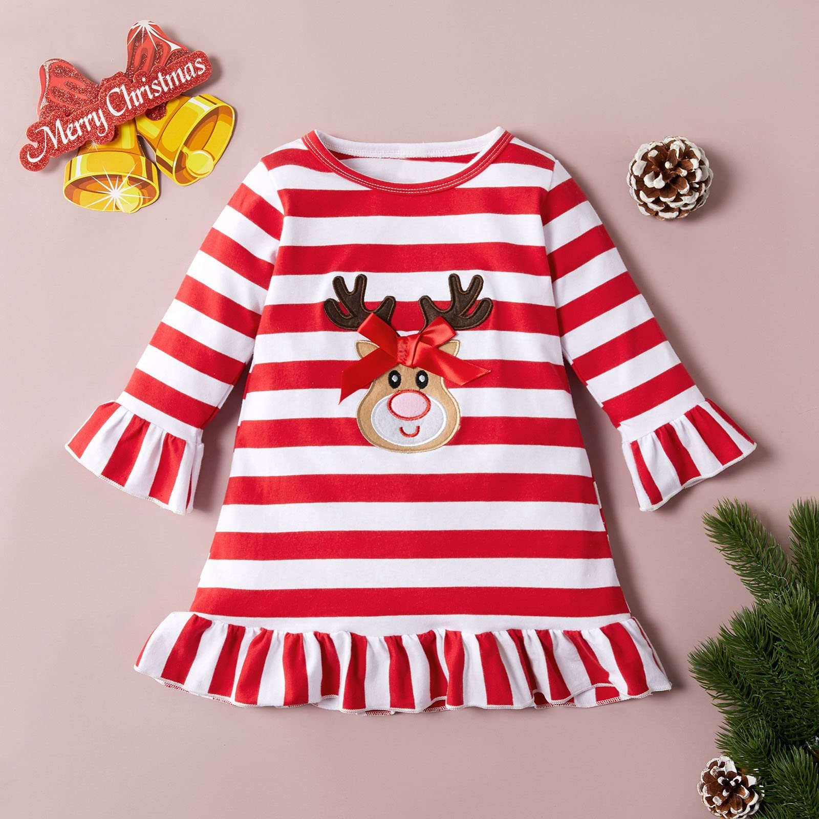 Baby Girls Long Sleeve Striped Christmas Deer Dress - Toddler Princess Party Outfit Size 7 | Holiday Photoshoot, Family Gathering & Special Occasion Wear