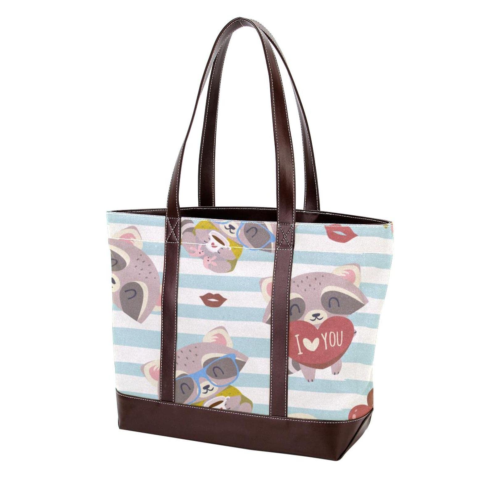 Stylish Women's Tote Bag with Zipper - Raccoon Cartoon Heart Stripes Design for Beach, Work & Travel | Laptop Shoulder Bag & Everyday Purse