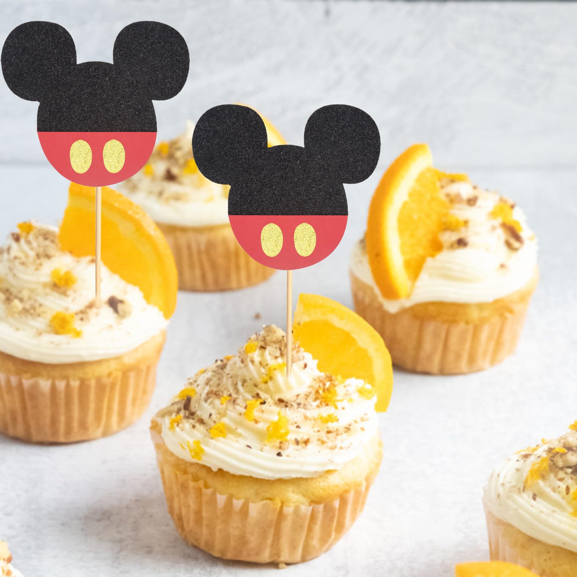 24Pcs Mouse-Inspired Cupcake Toppers with Bow - Black Red Glitter Mouse Cake Decorations for Baby Showers, Weddings & Kids Birthday Parties - Perfect for Themed Desserts, DIY Baking & Party Supplies
