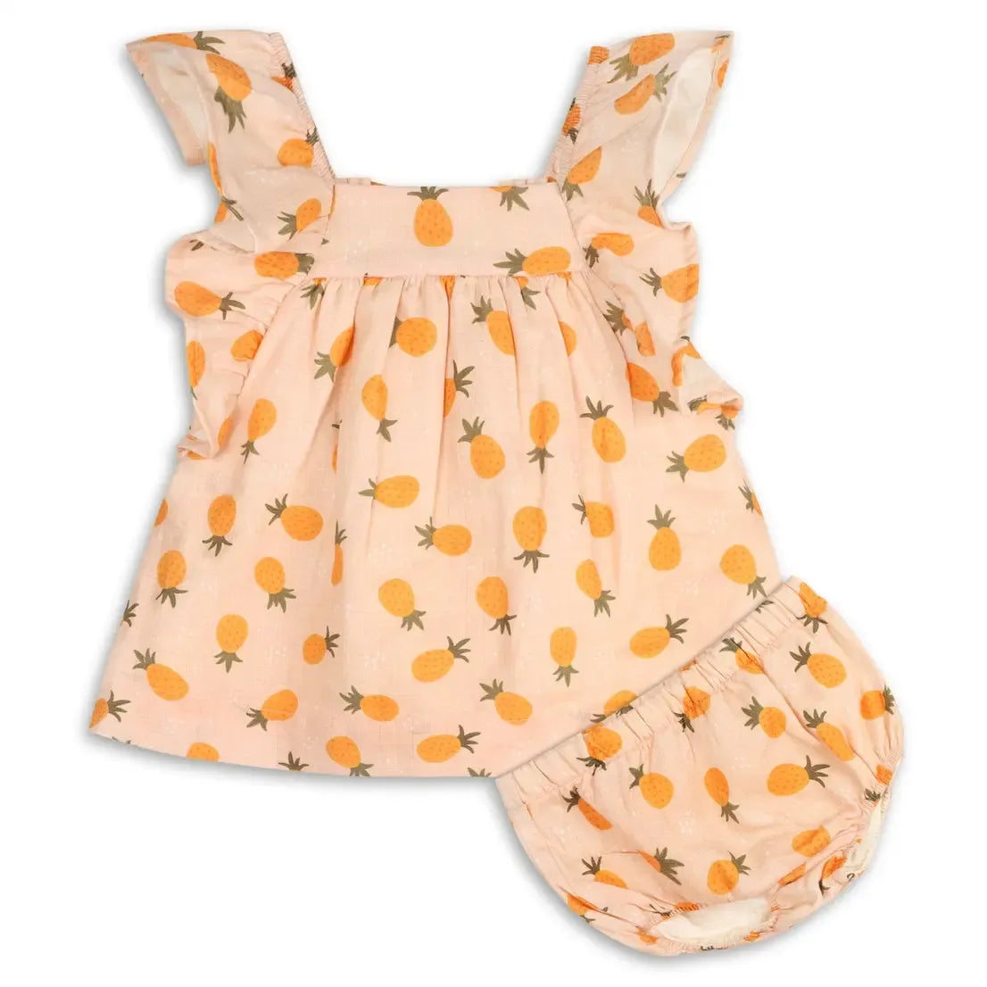 Viverano Organic Ruffle Sleeve Dress with Bloomer - Pineapple Print Floral Summer Dress for Women & Girls | Perfect for Beach Vacations, Garden Parties & Casual Outings