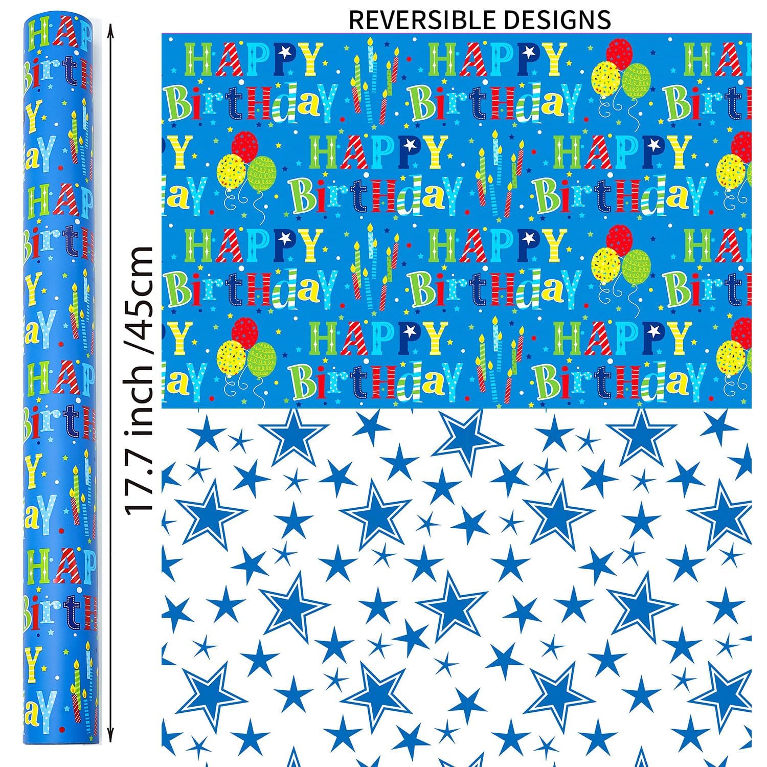 BOLIANNE Reversible Birthday Wrapping Paper Roll - Colorful Happy Birthday Gift Wrap for Boys, Girls, Kids, Adults & Baby Showers - 17.7 x 33 Inch High Gloss Party Gift Wrapping Paper - Perfect for Birthdays, Celebrations & Special Occasions