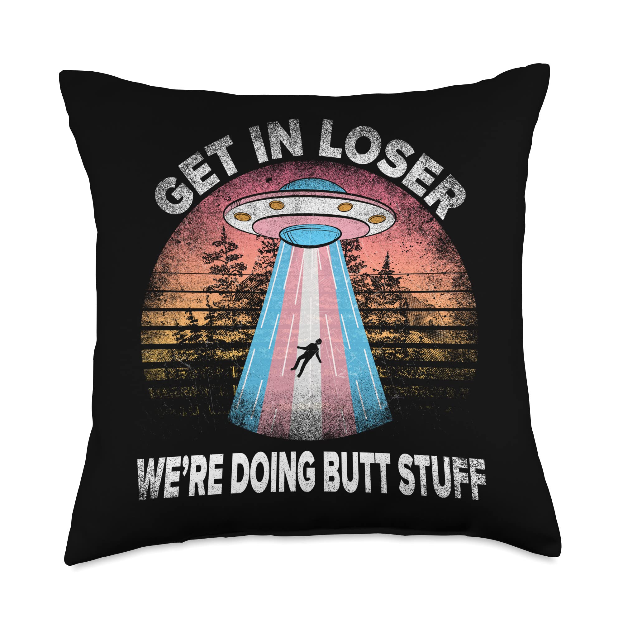 Retro 'Get In Loser We're Doing Butt Stuff' Vintage Sunset Throw Pillow - 18x18 Inch Multicolor Decorative Cushion for Living Room, Bedroom & Dorm Decor