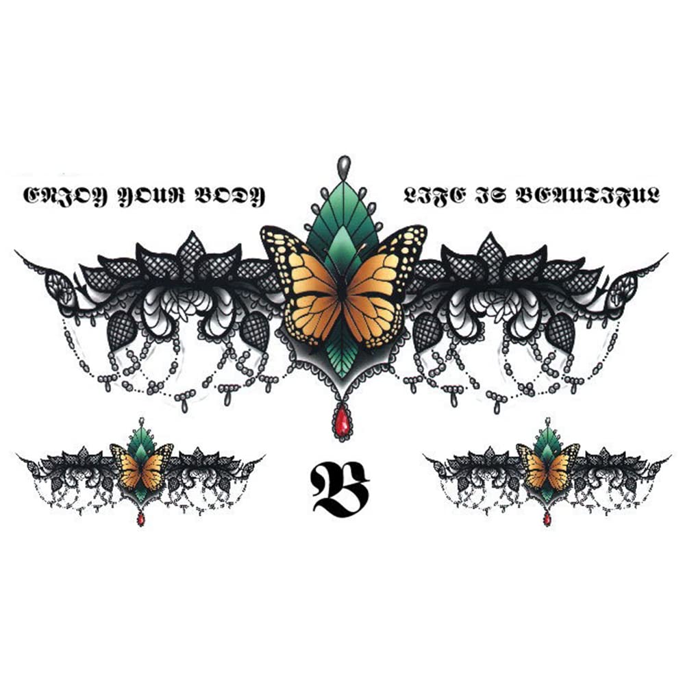 Waterproof Butterfly & Black Lace Temporary Tattoos for Chest, Waist, Back - 24x14cm Fake Tattoo Stickers for Men & Women - Perfect for Parties, Halloween, Cosplay & Body Art