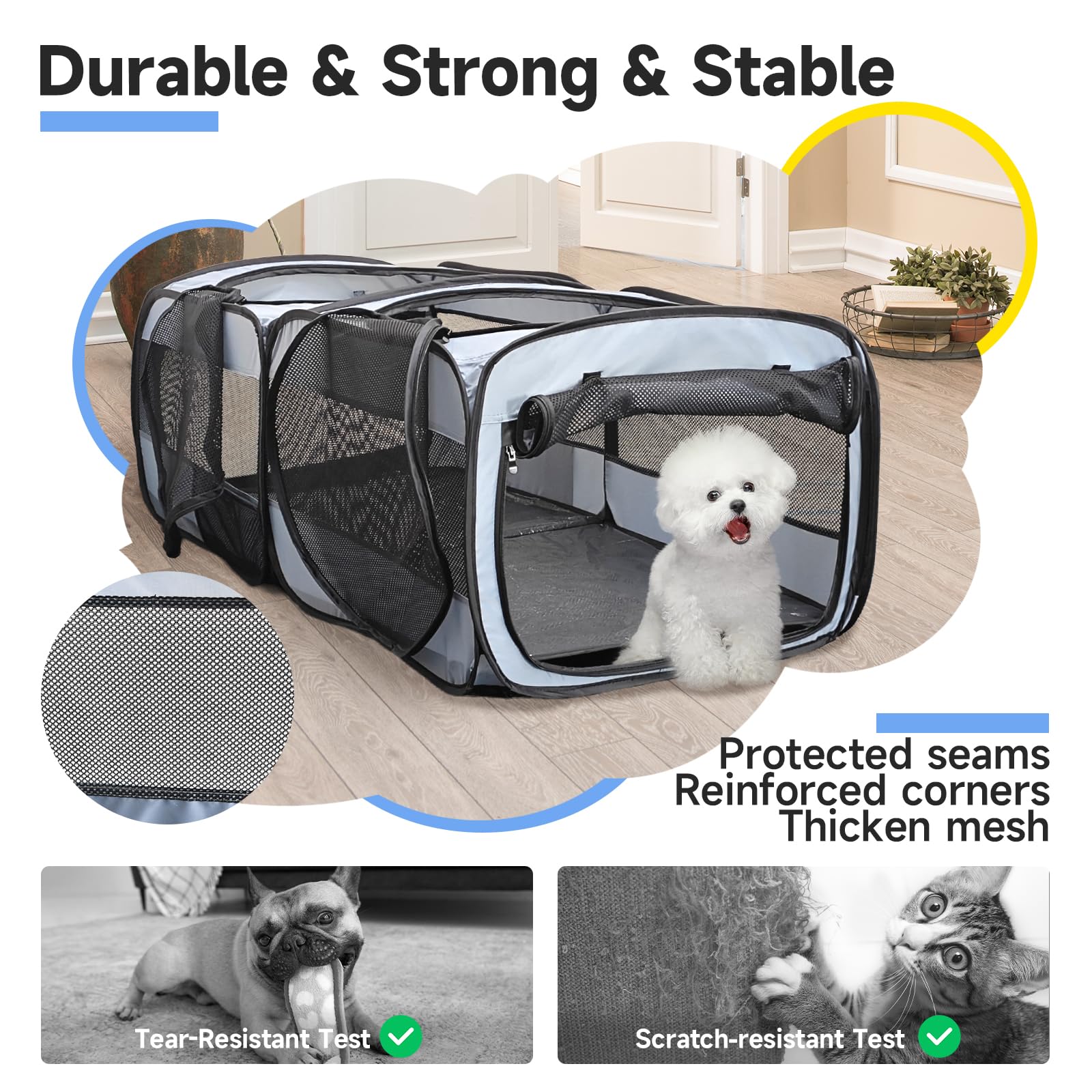 2-in-1 Dog & Cat Playpen - 73'' Large Pop Up Pet Playpen for Indoor/Outdoor Use - Portable Puppy Kennel, Cat Tent & Small Animal Cage (73.5