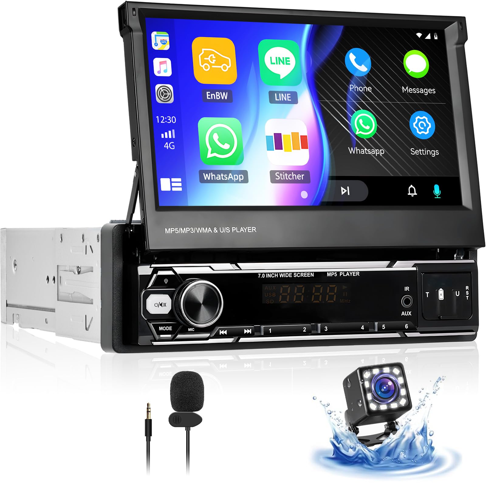 SIXTOP 7 Inch Flip Out Touchscreen Single Din Car Stereo - Wireless Apple CarPlay & Android Auto, Bluetooth 5.1, FM/AM/RDS Receiver, USB/AUX Input, Mirror Link for iPhone & Android - Includes MIC & Backup Camera for Easy Parking & Hands-Free Calling