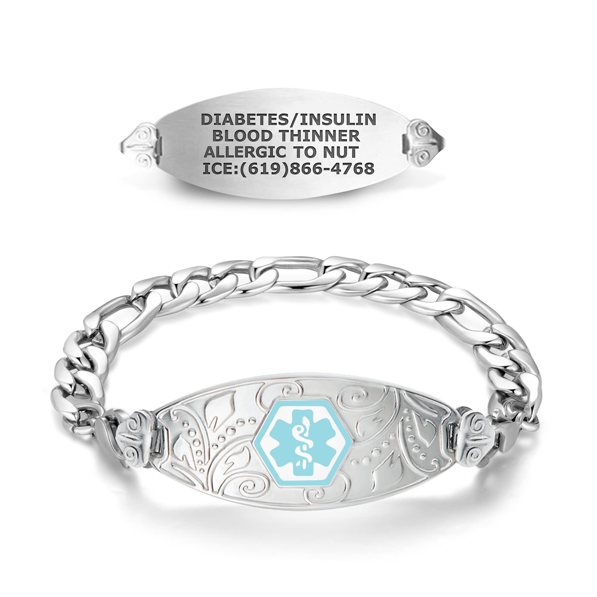 Divoti Custom Engraved Medical Alert Bracelets for Women - Stainless Steel Medical ID Bracelet with Free Engraving - Elegant Filigree Tag & Figaro Chain - Adjustable Sizes & Colors - Perfect for Diabetes, Allergies & Emergency Medical Identification