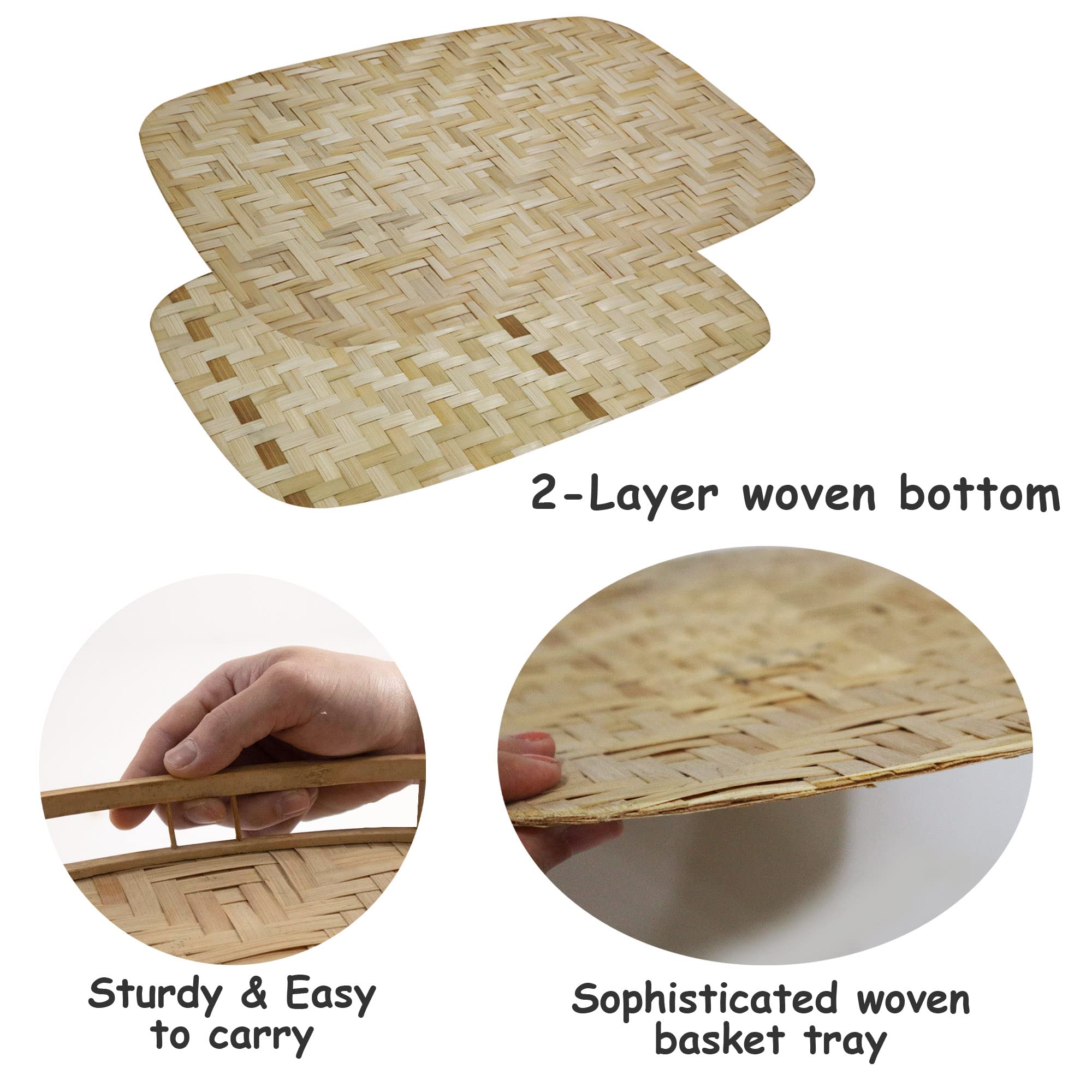Premium Set of 4 Bamboo Wicker Serving Trays - Natural Rectangular Breakfast Trays with Handles for Food & Drinks | Wooden Decorative Platters for Coffee Table, Bed Eating | Perfect for Brunch, Picnics, and Home Decor
