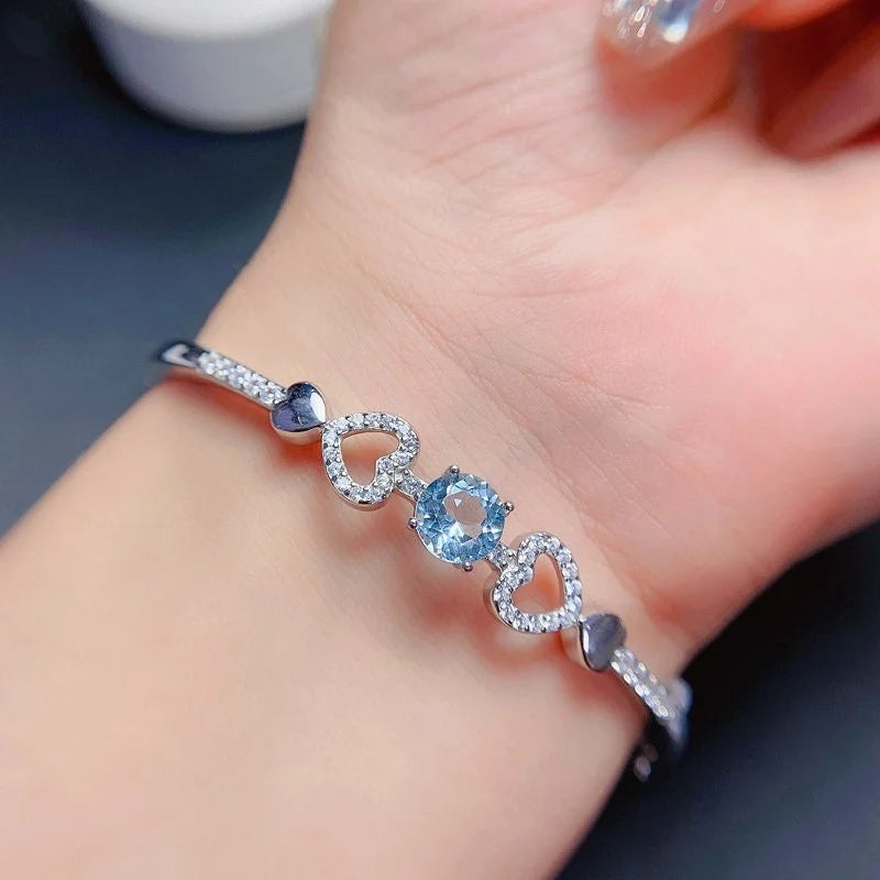 Swiss Blue Topaz Heart Bangle Bracelet for Women - 925 Sterling Silver Adjustable Charm Bracelet | Elegant Jewelry Gift for Valentine's Day, Anniversary & Special Occasions