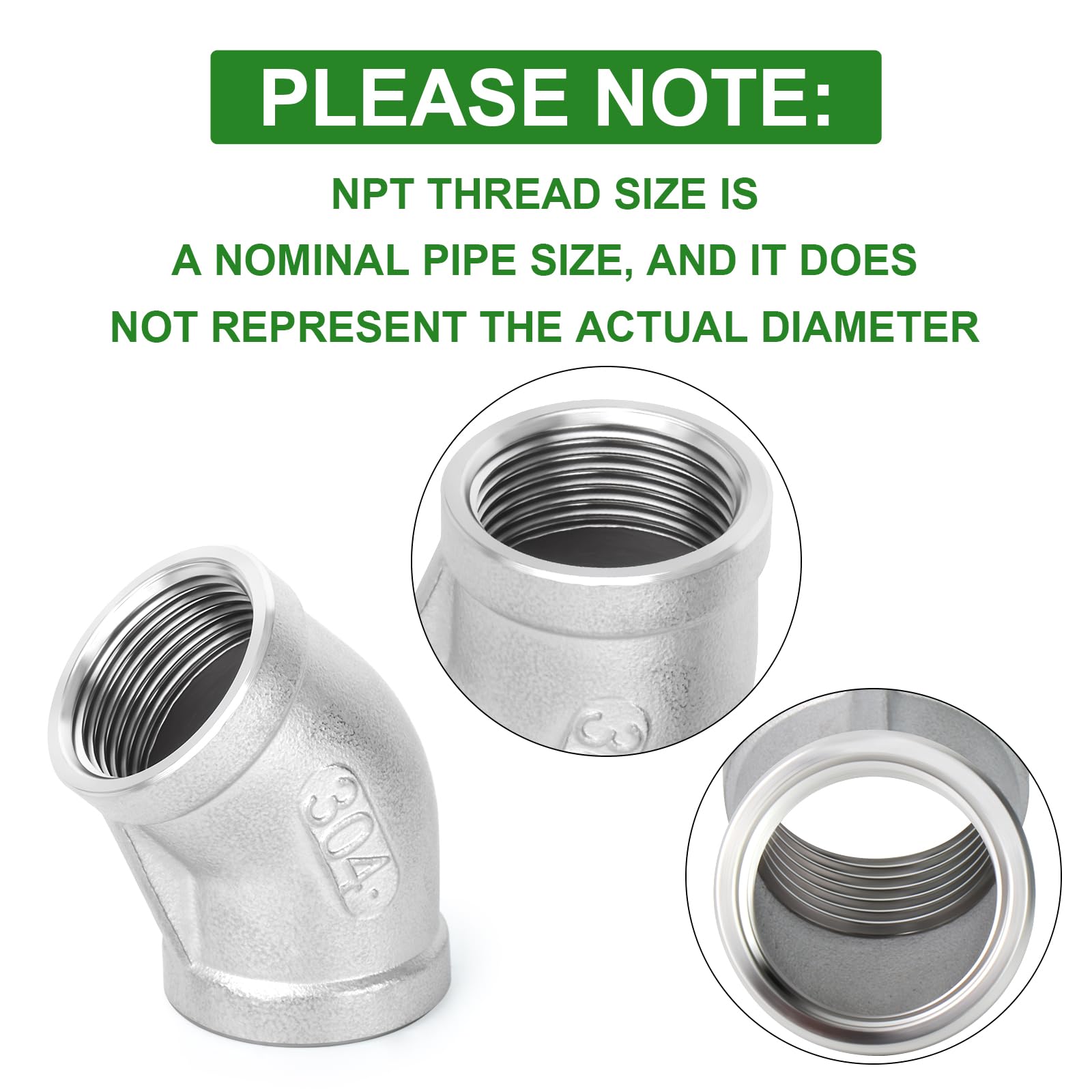 TAISHER 2PCS 304 Stainless Steel 45 Degree Elbow, 1 Inch NPT Female to Female Pipe Fitting - Corrosion Resistant for Plumbing, HVAC, and Industrial Applications