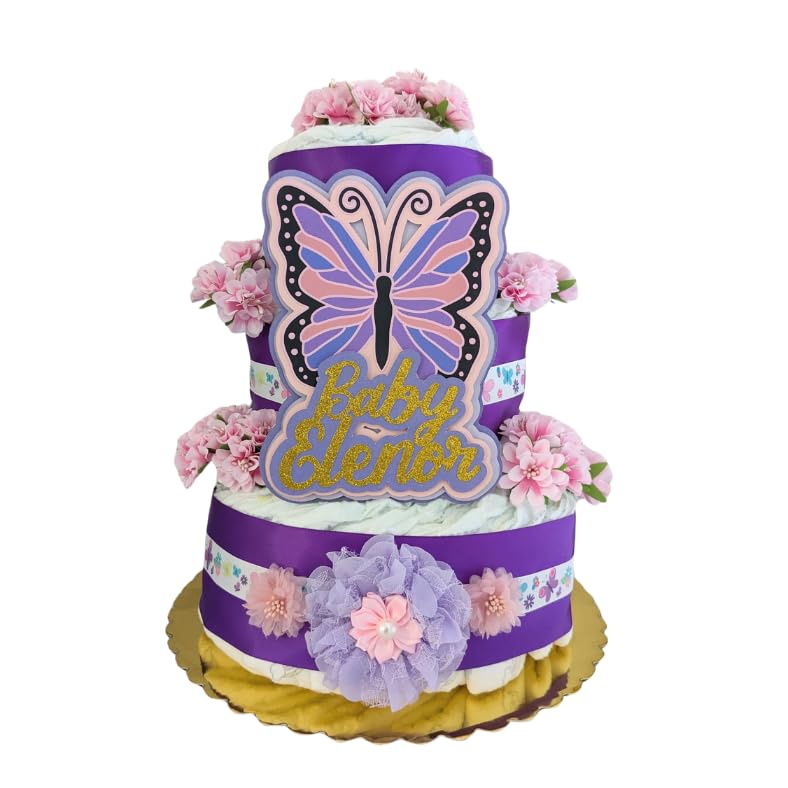 Handmade Purple and Pink Butterfly Theme Diaper Cake for Baby Girl Showers - Custom Name Keepsake Gift, Sprinkle Table Centerpiece & Photo Prop | Perfect for Baby Showers, Gender Reveals & Nursery Decor