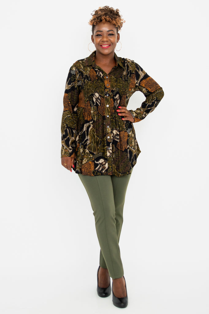 Elegant Long Sleeve Blouse with Elephant Print - Women's Fashion Top for Casual Wear, Office & Date Night
