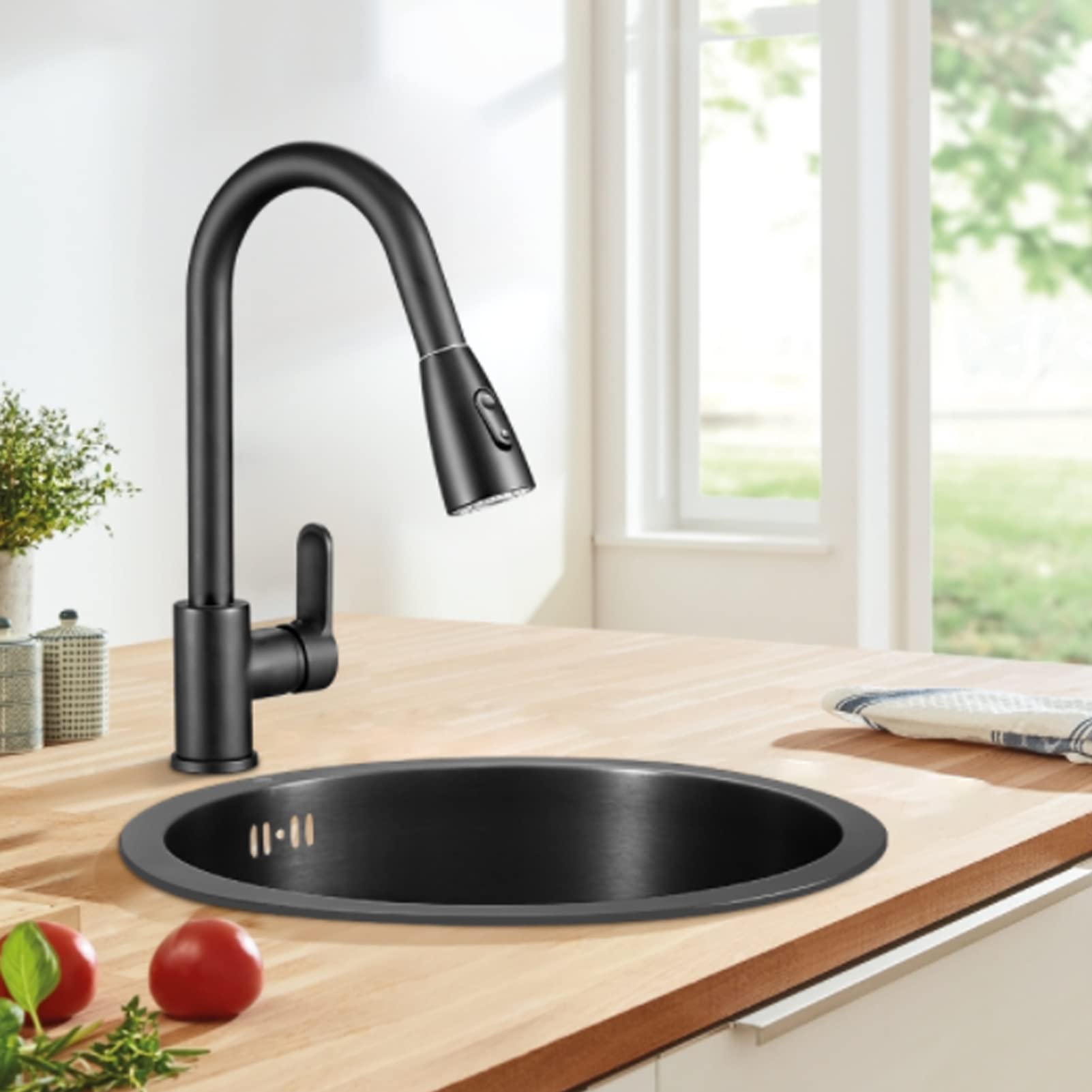 Mini Round Stainless Steel Kitchen Sink Bar - Single Bowl with Drain Accessories | Nano Black Multifunctional Sink for Home | Perfect for Small Kitchens, RV Bars & Compact Spaces