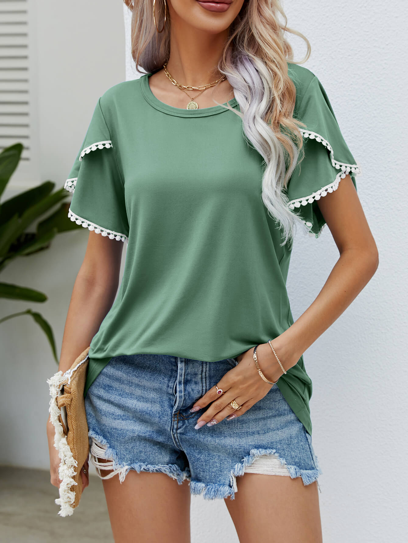 Pink Pom Pom Sleeve Vacation T-Shirt - Women's Casual Summer Top for Beach, Travel & Outfits