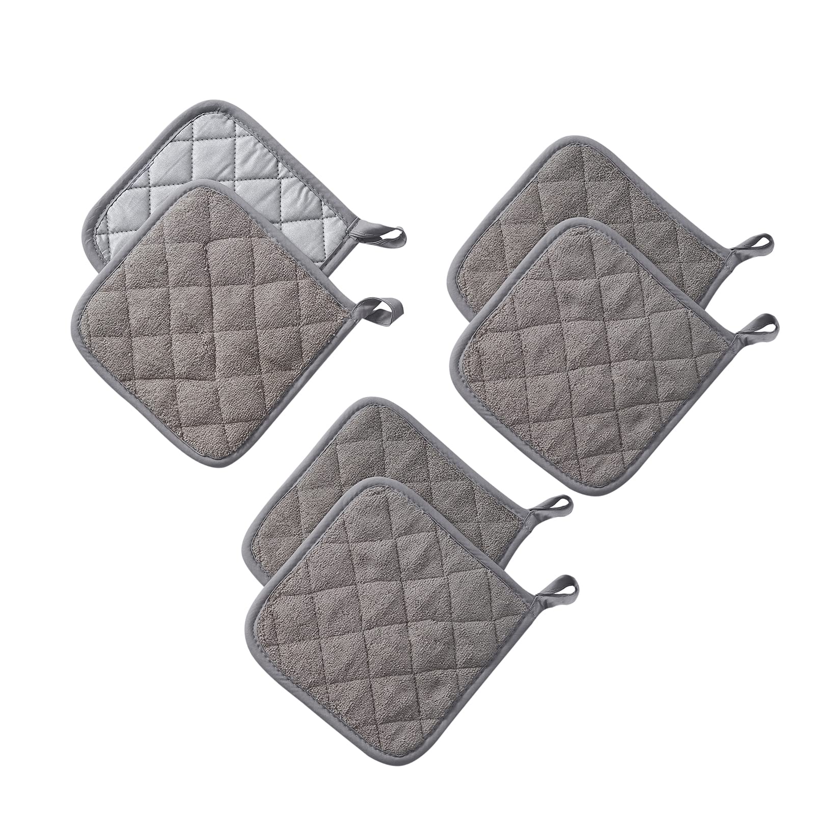 Heat Resistant Cotton Kitchen Pot Holders Set - 7 x 7 Inch (Set of 6) - Oven Mitts, Hot Pads & Trivets for Cooking, Baking & Serving - Grey Terry Cloth for Everyday Kitchen Use