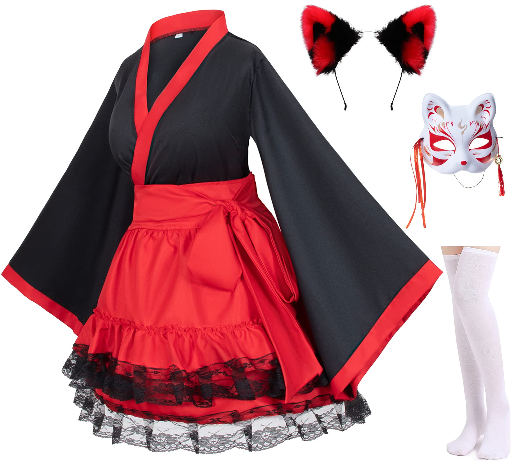 Japanese Anime Red and White Fox Kimono Cosplay Costume Set with Tabi Socks - Perfect for Halloween, Cosplay Events, Anime Conventions, and Themed Parties