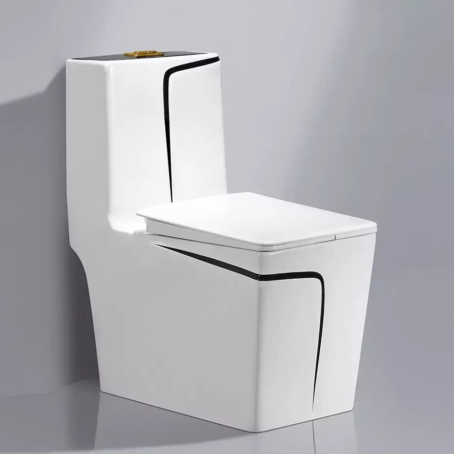 InArt Syphonic Washdown Flush Ceramic One-Piece Western Toilet - Glossy Black & White Modern Water Closet Commode for Bathroom, Home & Office Use