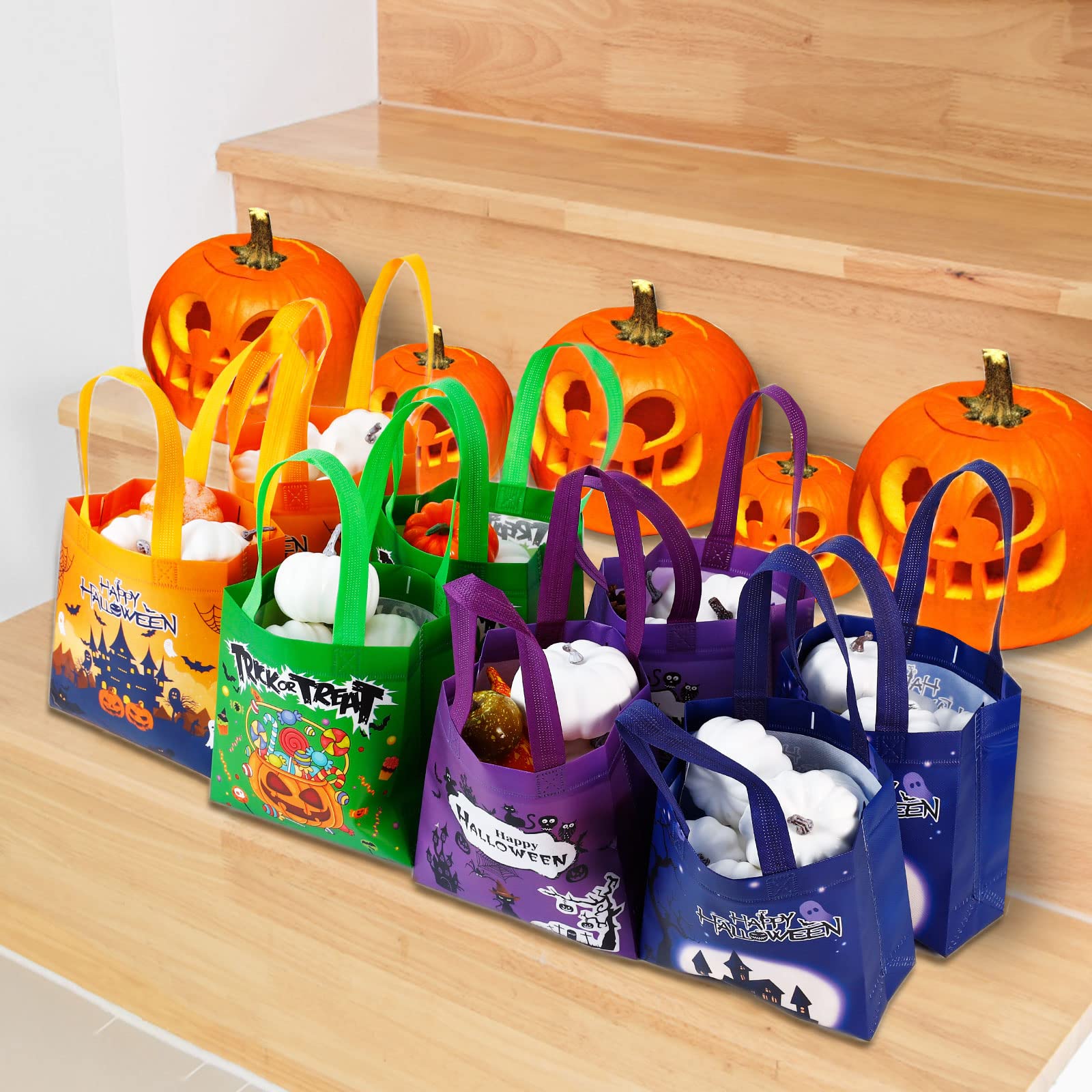 16 Pack Reusable Halloween Trick or Treat Bags with Handles - Cute Halloween Party Favor Bags for Kids, Candy Collection & Gift Giving - Perfect for Trick-or-Treating, Classroom Parties & Halloween Events