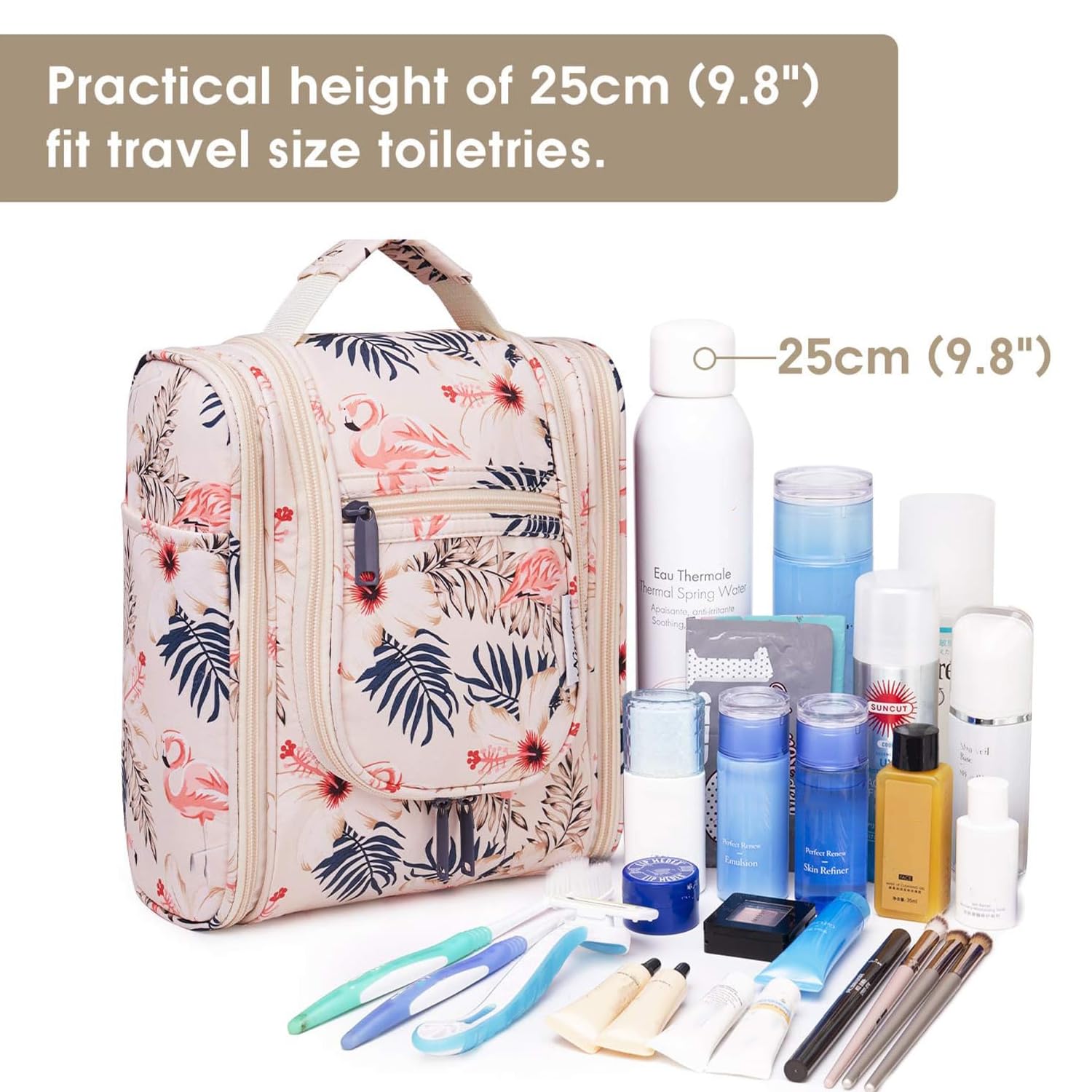 Narwey Hanging Travel Toiletry Bag for Women - Waterproof Makeup Organizer with Multiple Pockets, Perfect for Cosmetics & Toiletries (Medium, Beige Bird) - Ideal for Air Travel, Camping & Gym Essentials