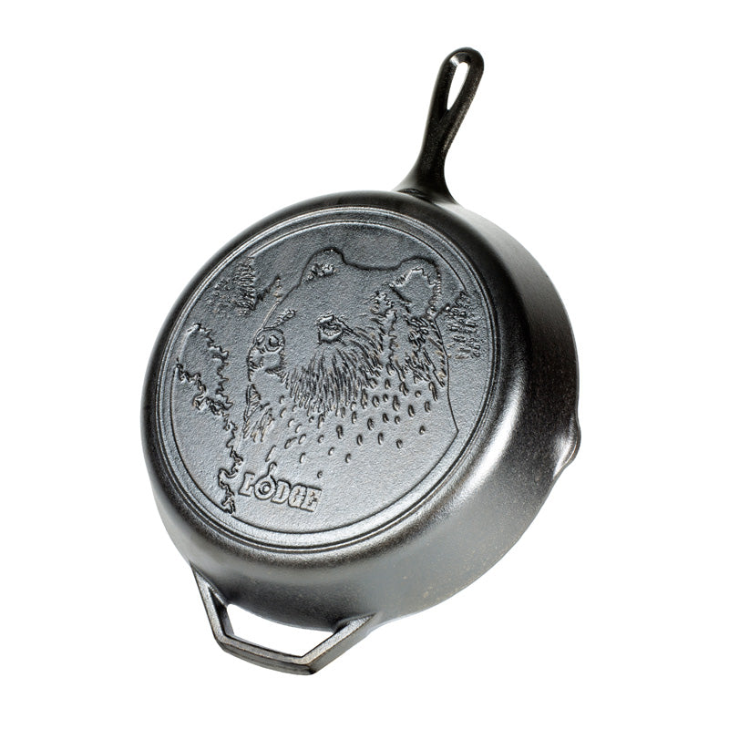 Lodge 12 Inch Cast Iron Skillet with Bear Design - Pre-Seasoned, Heavy Duty Cookware for Stovetop, Oven & Camping - Perfect for Searing, Frying & Baking (Free Shipping)