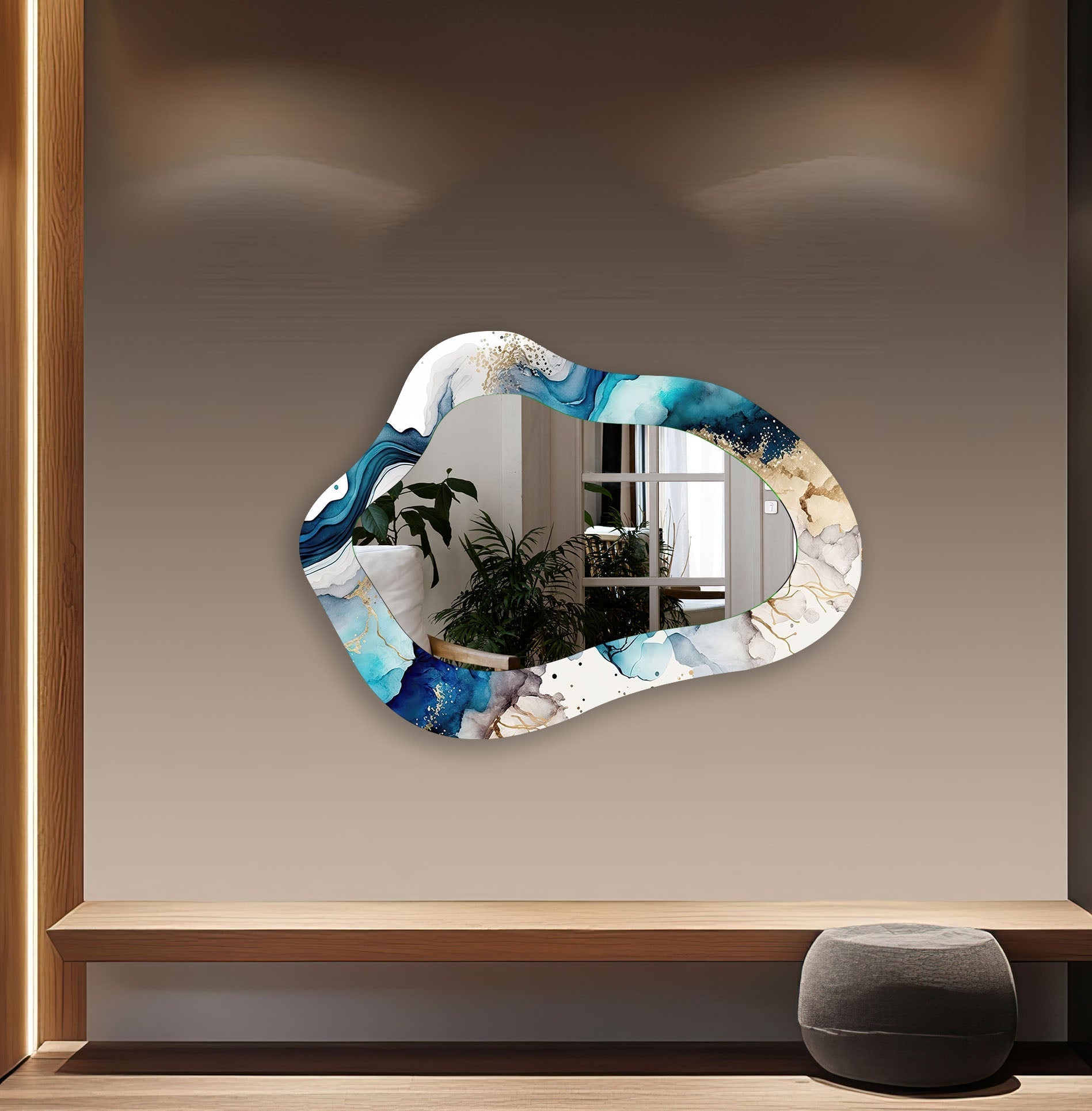 Blue Alcohol Ink Abstract Wall Mirror - Handmade Modern Home Decor for Living Room, Bedroom, or Bathroom