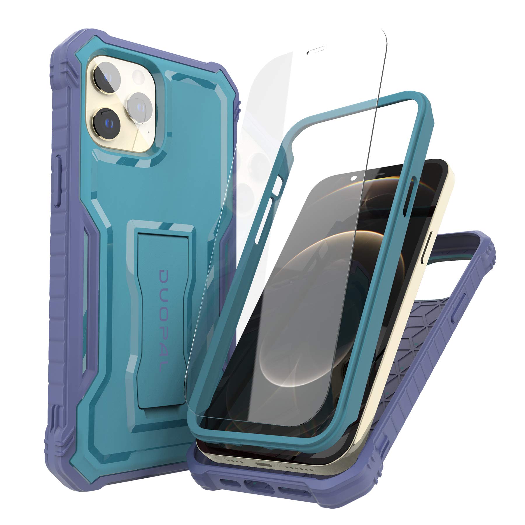 DUOPAL Military Grade Shockproof Case for Apple iPhone 12 Pro Max (6.7 Inch) - Heavy Duty Protective Phone Cover with Tempered Glass Screen Protector & Kickstand (Blue) | Perfect for Outdoor Activities, Travel and Daily Protection