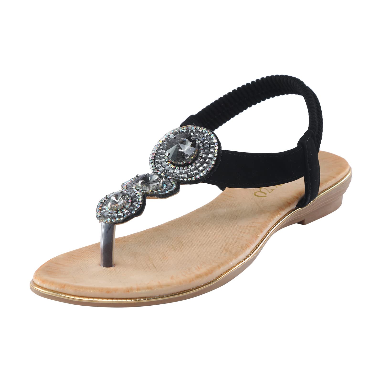 Women's Rhinestone Flat Sandals Size 9 (EU 40) - Boho Summer Beach Sandals for Casual Wear, Vacation & Outdoor Activities