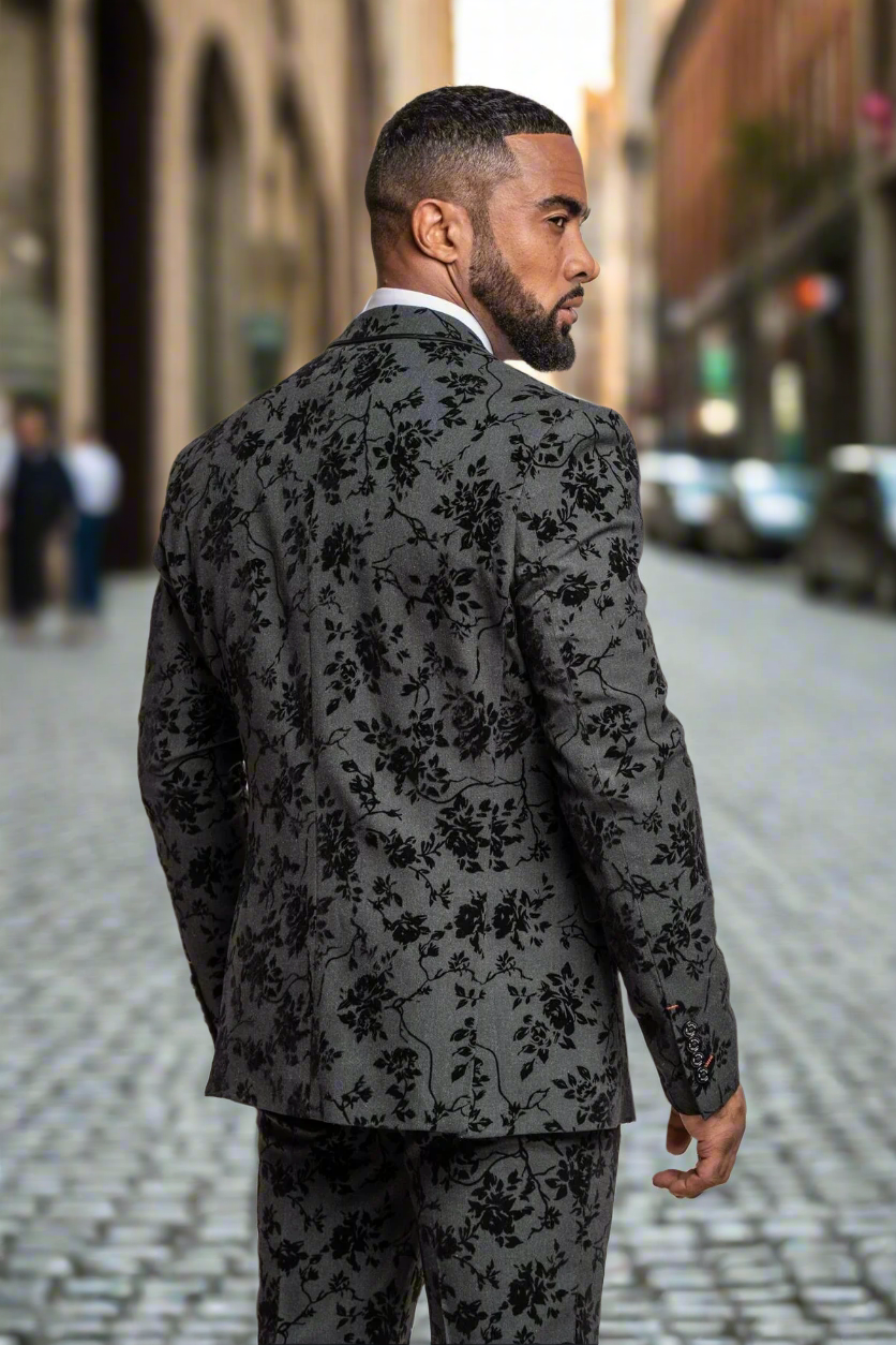 Cavani Georgi Floral 3 Piece Suit for Men - Black & Red Formal Tuxedo Set for Weddings, Prom, Red Carpet Events & Special Occasions