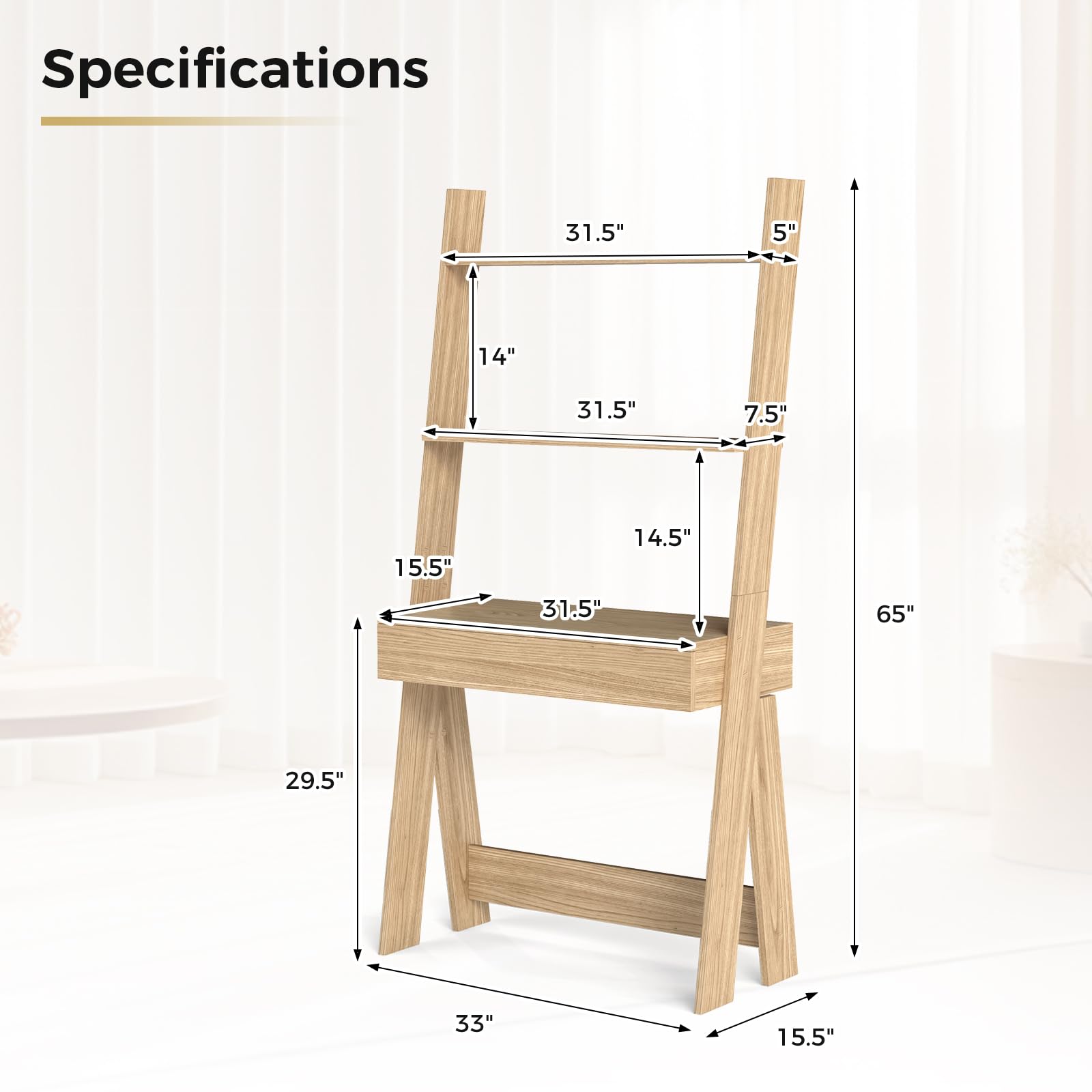 Tangkula Space-Saving Ladder Desk with Wooden Countertop & Storage Drawer - Compact Home Office Computer Table with Open Shelves & Anti-Tip Safety Kit - Wall-Leaning Workstation for Small Spaces (Natural Wood Finish) - Perfect for Dorm Rooms, Studio Apartments & Home Office Setups