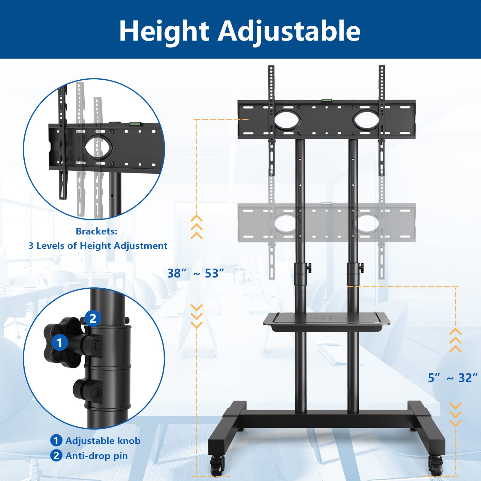 Adjustable Tabletop TV Stand for 27-60 Inch TVs & Mobile TV Stand for 32-75 Inch TVs - Universal TV Mount Bundle for Living Room, Bedroom, Office & Dorm