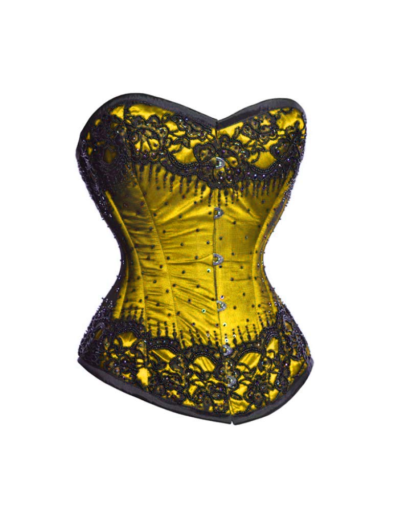 Black Sequin Yellow Satin Overbust Corset - Gothic Burlesque Halloween Costume for Women | Perfect for Cosplay, Party, Lingerie & Evening Wear