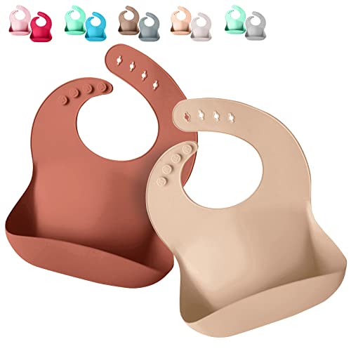 Sperric Silicone Baby Bibs - Soft Waterproof Adjustable Feeding Bib with Food Catcher for Infants & Toddlers - Perfect for Mealtime, Snacks, and Mess-Free Eating (Beige)