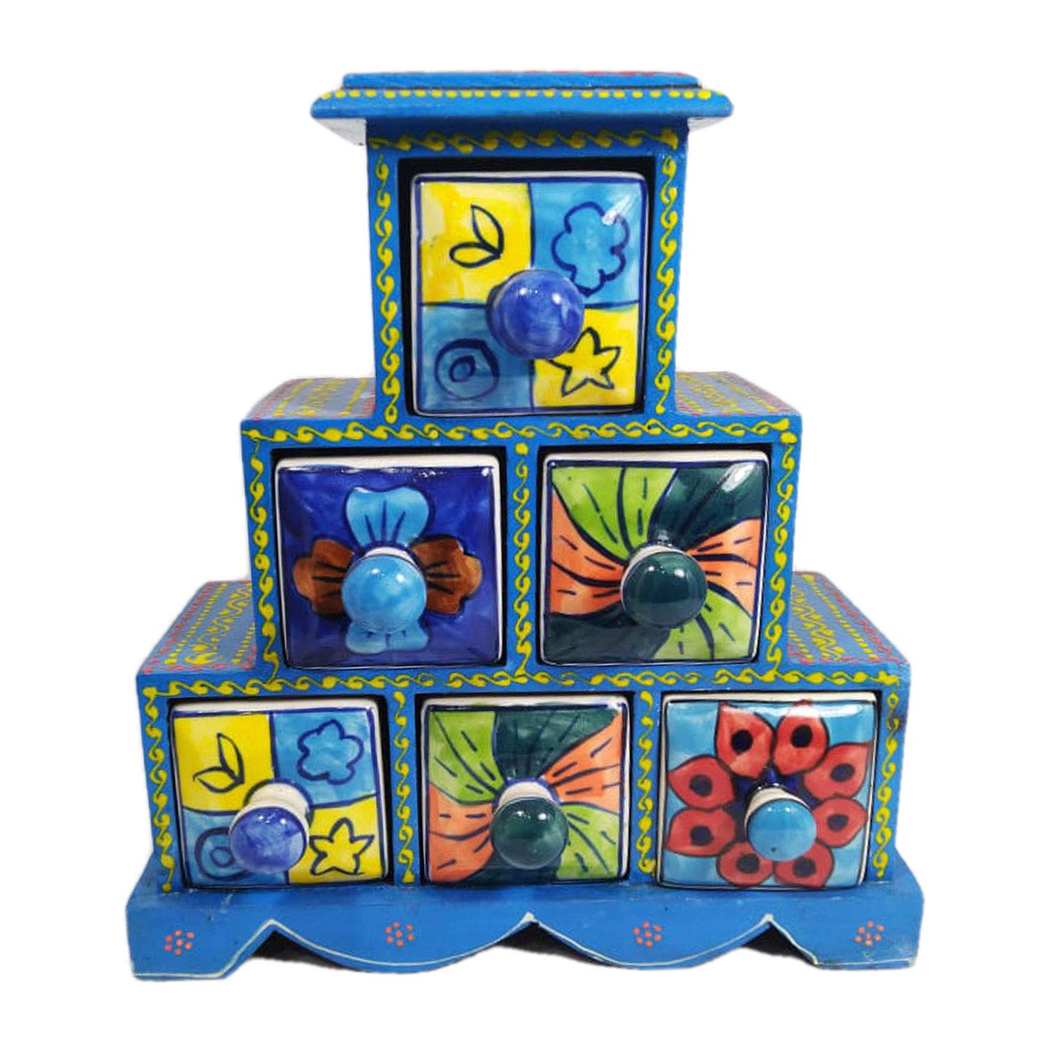 Handmade Blue Christmas Decorated 6-Drawer Chest - Award-Winning Indian Artisan Crafted Gift for Holidays, Home & Office Decor
