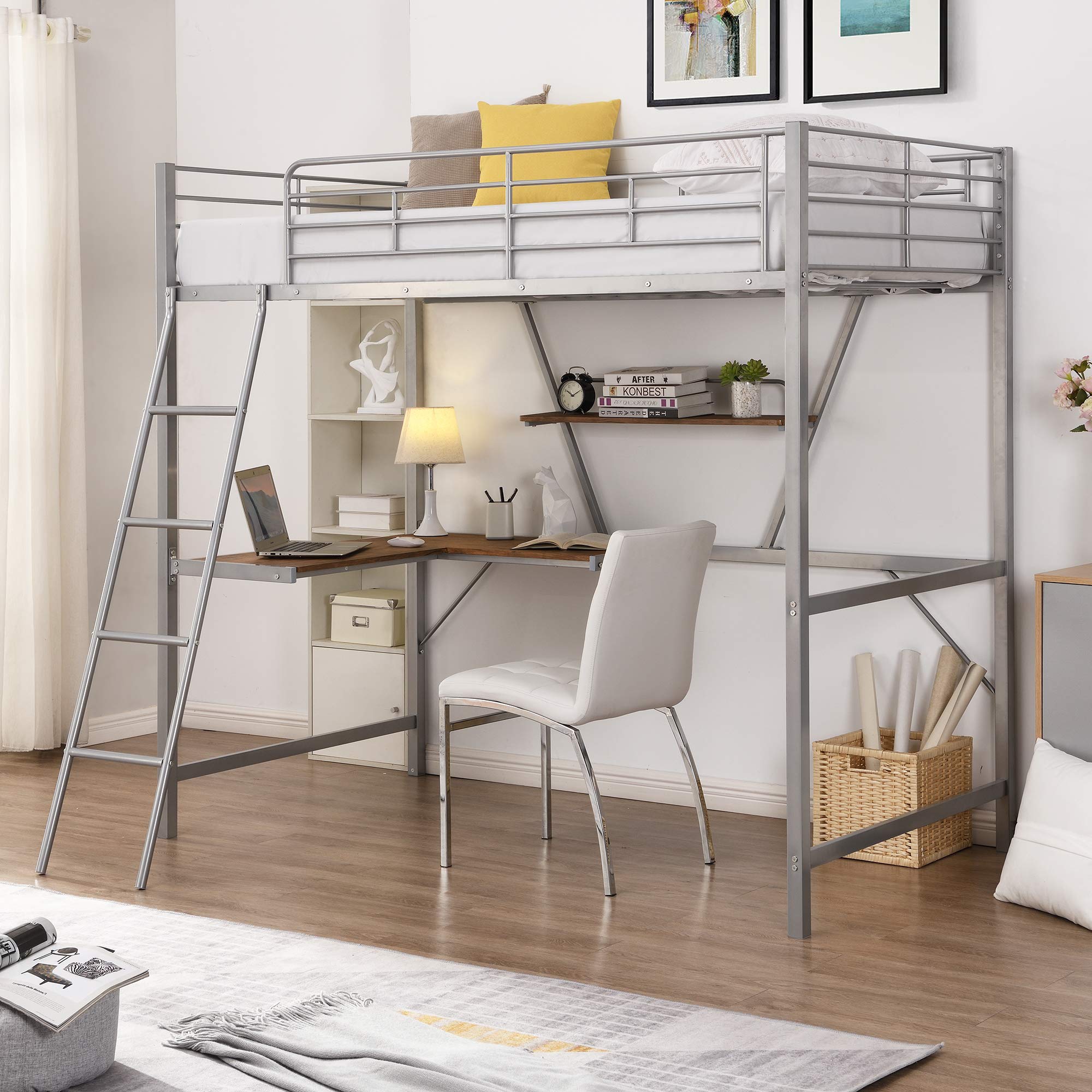 **Metal Loft Bed for Kids - Twin Size with L-Shaped Desk, Shelf & Full-Length Guardrail - Space-Saving Bedroom, Apartment & Dorm Furniture (Silver) - Perfect for Small Rooms, Study & Sleep Combo**