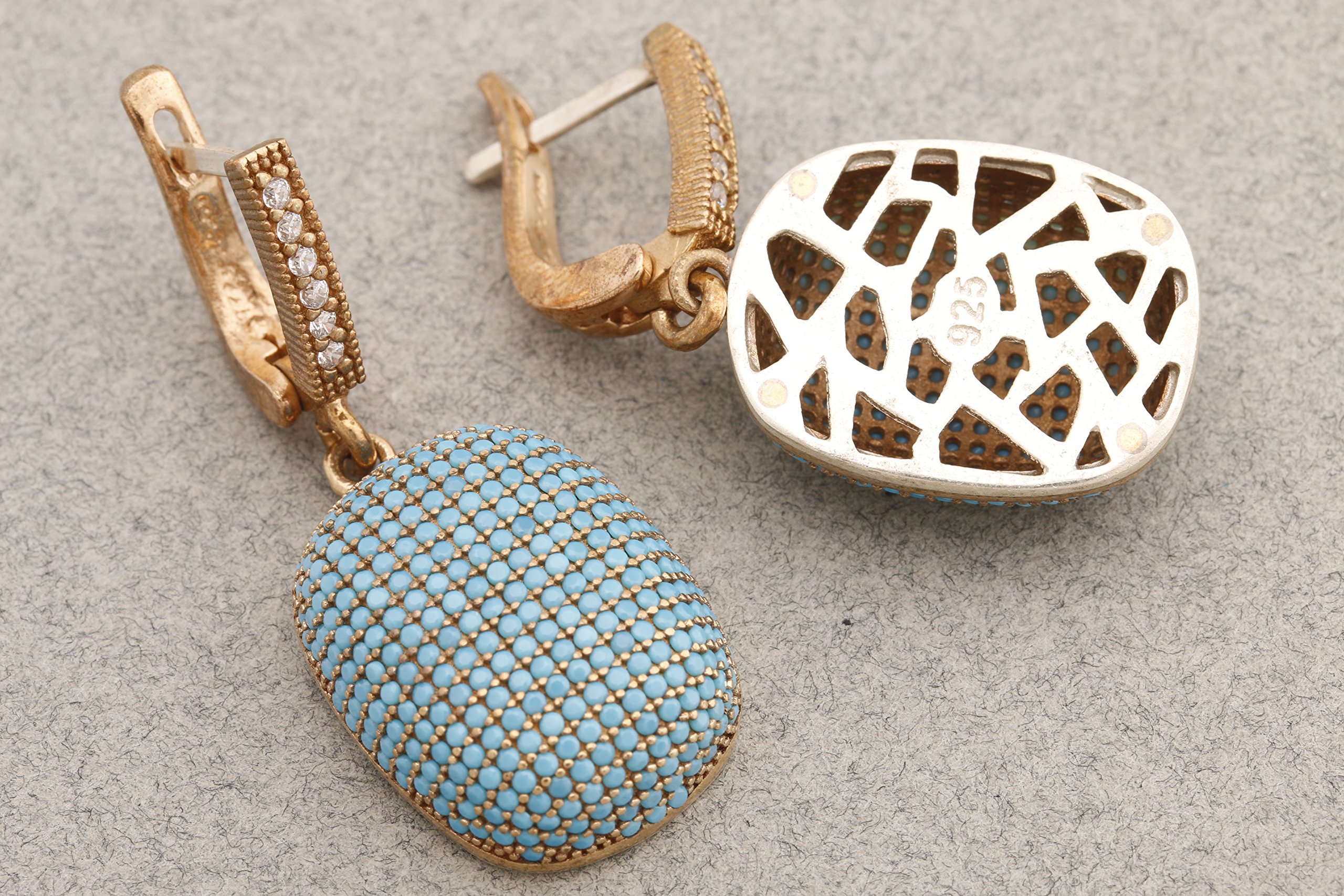 Handmade Turkish Jewelry - 925 Sterling Silver Turquoise Zircon Drop Earrings with Round Cut Stones | Boho Chic Accessories for Women, Perfect for Weddings & Special Occasions