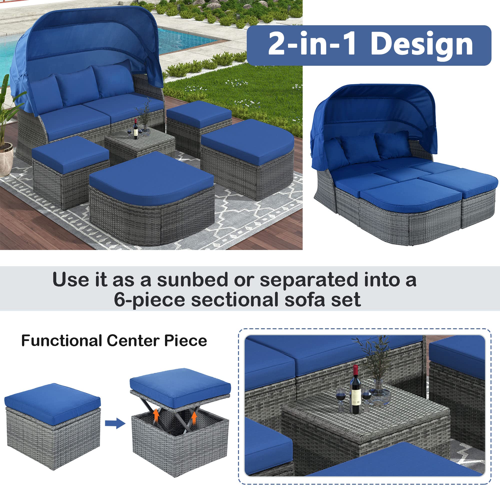 Amposei Outdoor Patio Furniture Set - Blue Rattan Wicker Sunbed Sectional with Canopy for Porch, Balcony, Backyard | Perfect for Lounging, Sunbathing & Relaxing in Your Outdoor Space
