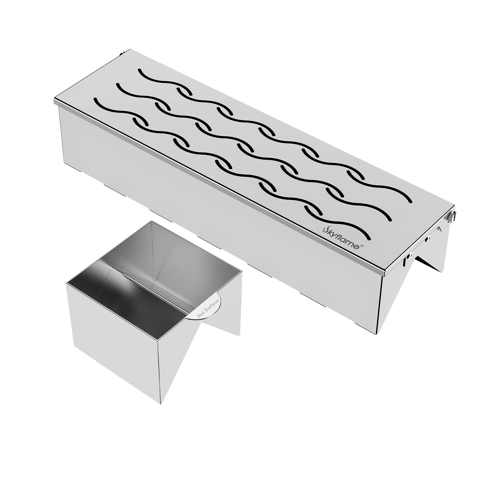 Skyflame Stainless Steel Smoker Box with Canister - Double V-Shape BBQ Wood Chips Box with Wavy Vent & Hinged Lid - 12